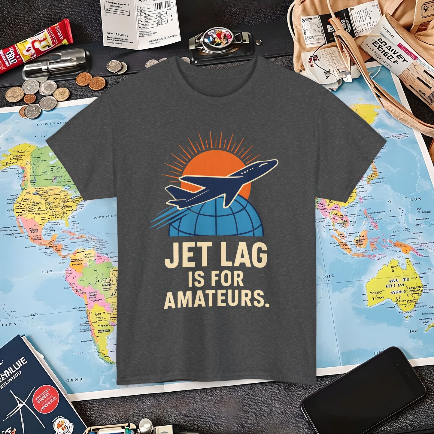 Jet Lag Is for Amateurs Vintage Jet Airplane Globe Bold Quote T-Shirt Air Travel T-Shirts | Jetsetter, Airport, and International Flight Tees