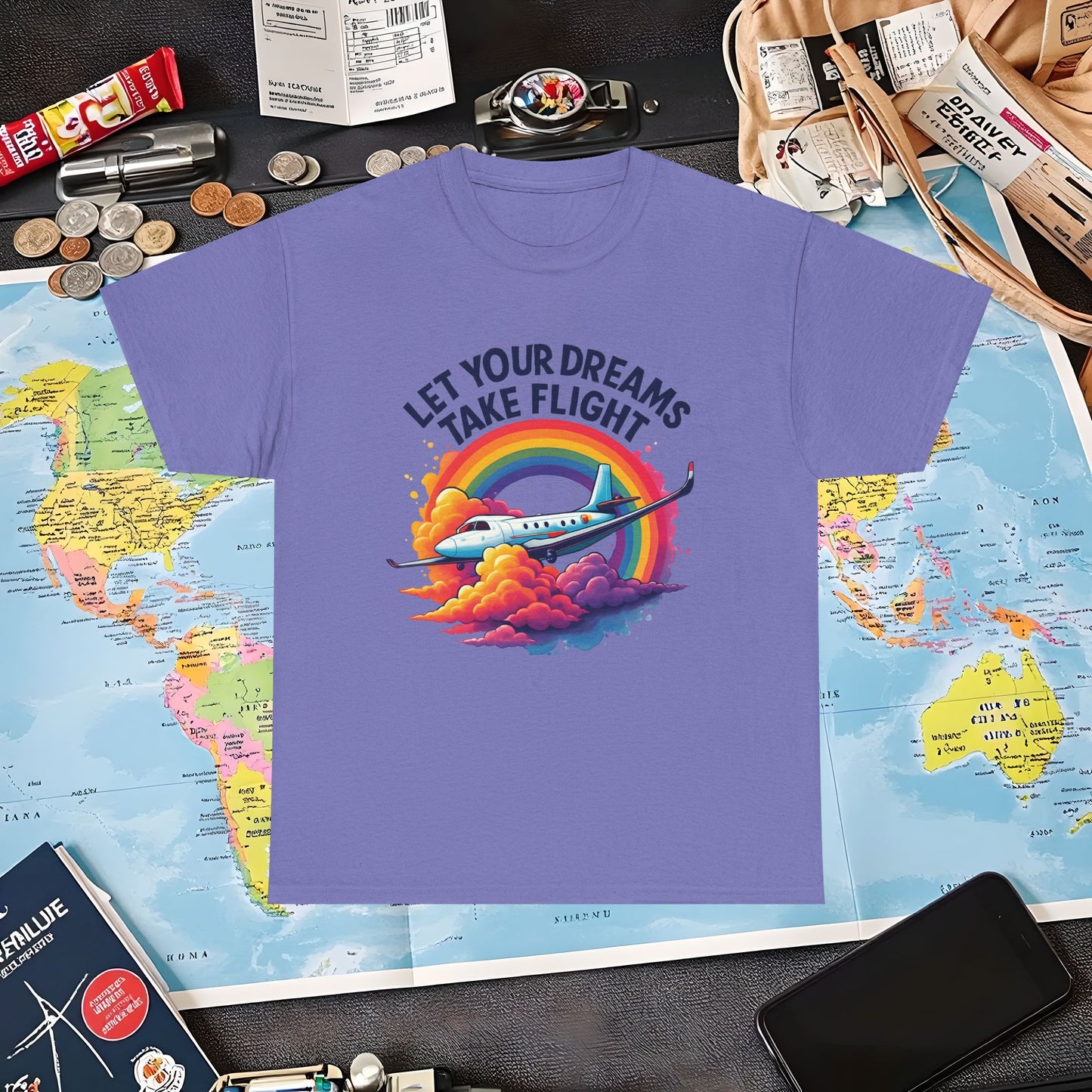 Let Your Dreams Take Flight T-Shirt – Airplane with Rainbow Trail Design Air Travel T-Shirts | Jetsetter, Airport, and International Flight Tees