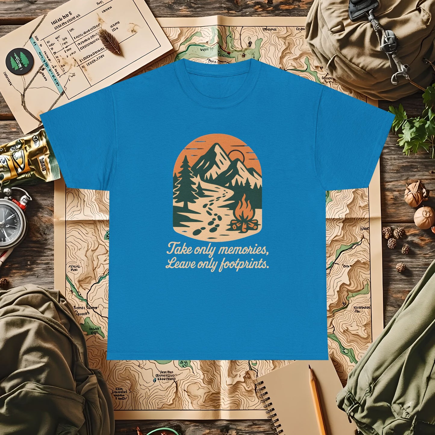 Take Only Memories, Leave Only Footprints — Sunset Mountain Trail Adventure Badge T-Shirt | Camping, Hiking, Rafting & Kayaking Tees for Nature Lovers