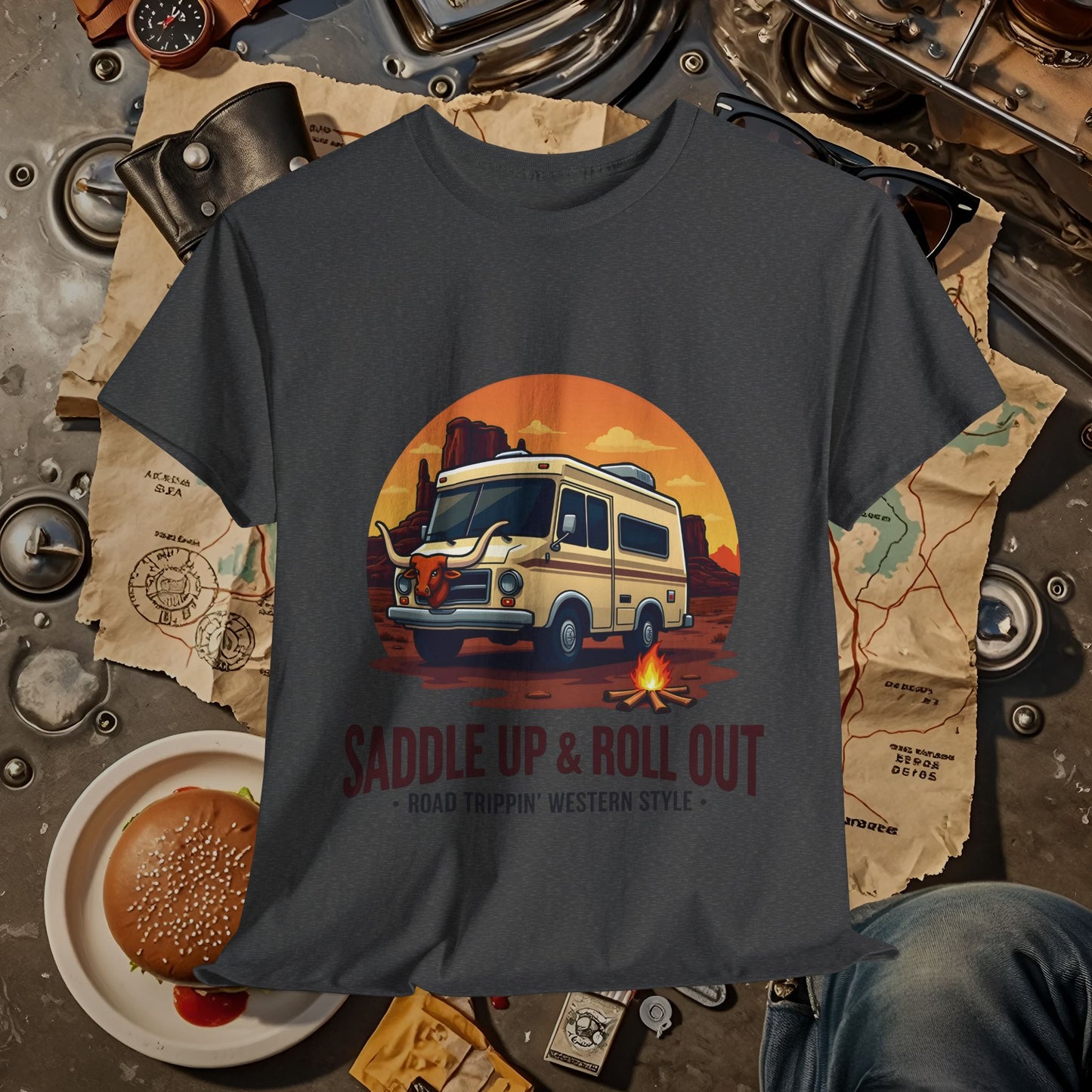 Saddle Up and Roll out Road Trip & Vehicle Travel T-Shirts | Car, RV, and Motorcycle Adventure Tees