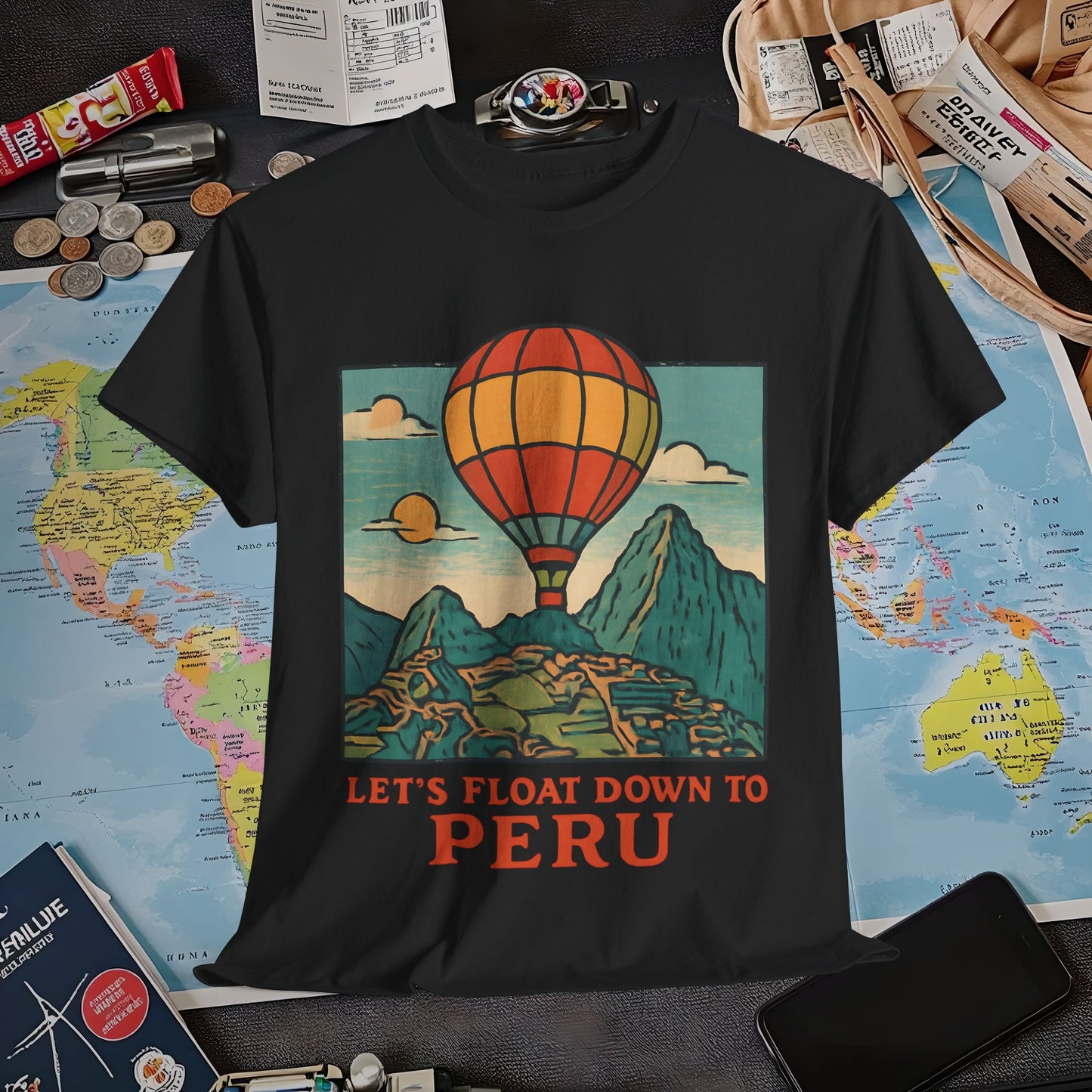 Let’s Float Down to Peru T-Shirt – Vintage Hot-Air Balloon Over Machu Picchu Design Air Travel T-Shirts | Jetsetter, Airport, and International Flight Tees