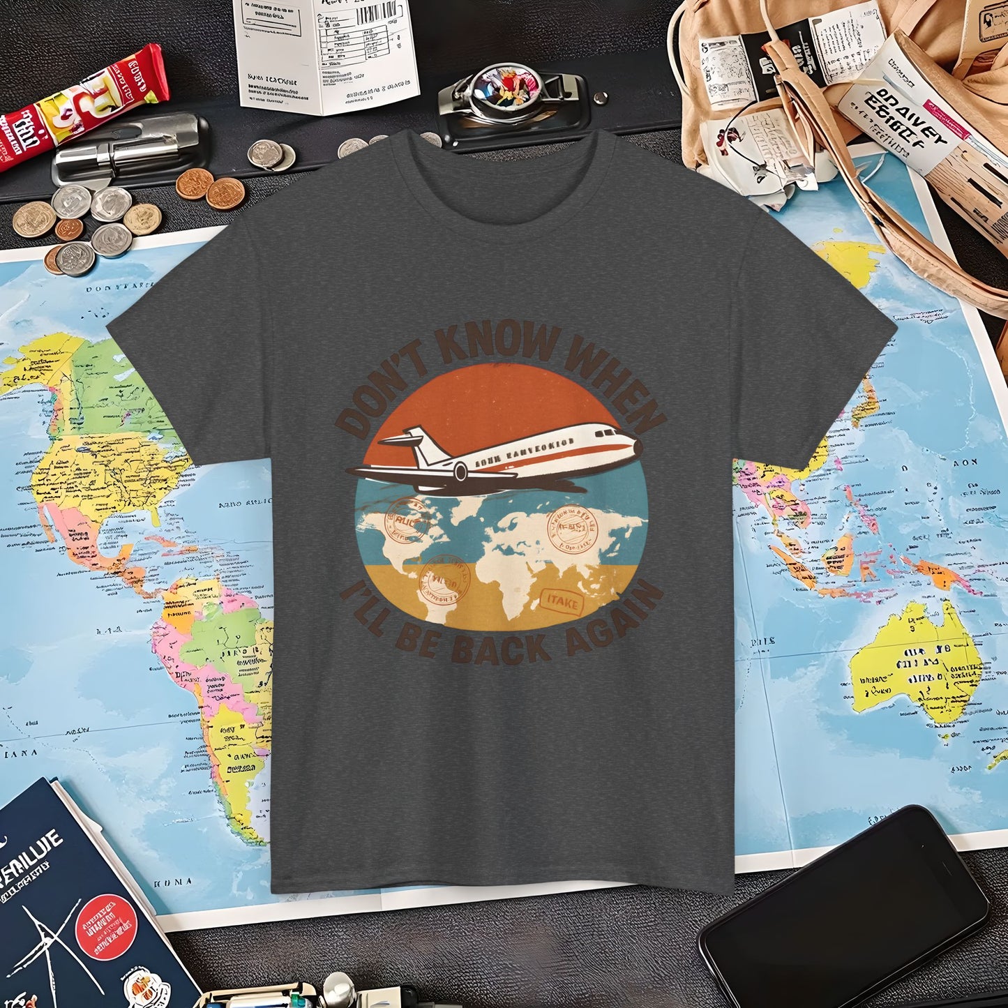 Don’t Know When I’ll Be Back Again T-Shirt – Retro ’70s Jet & Vintage Map Travel Design Air Travel T-Shirts | Jetsetter, Airport, and International Flight Tees