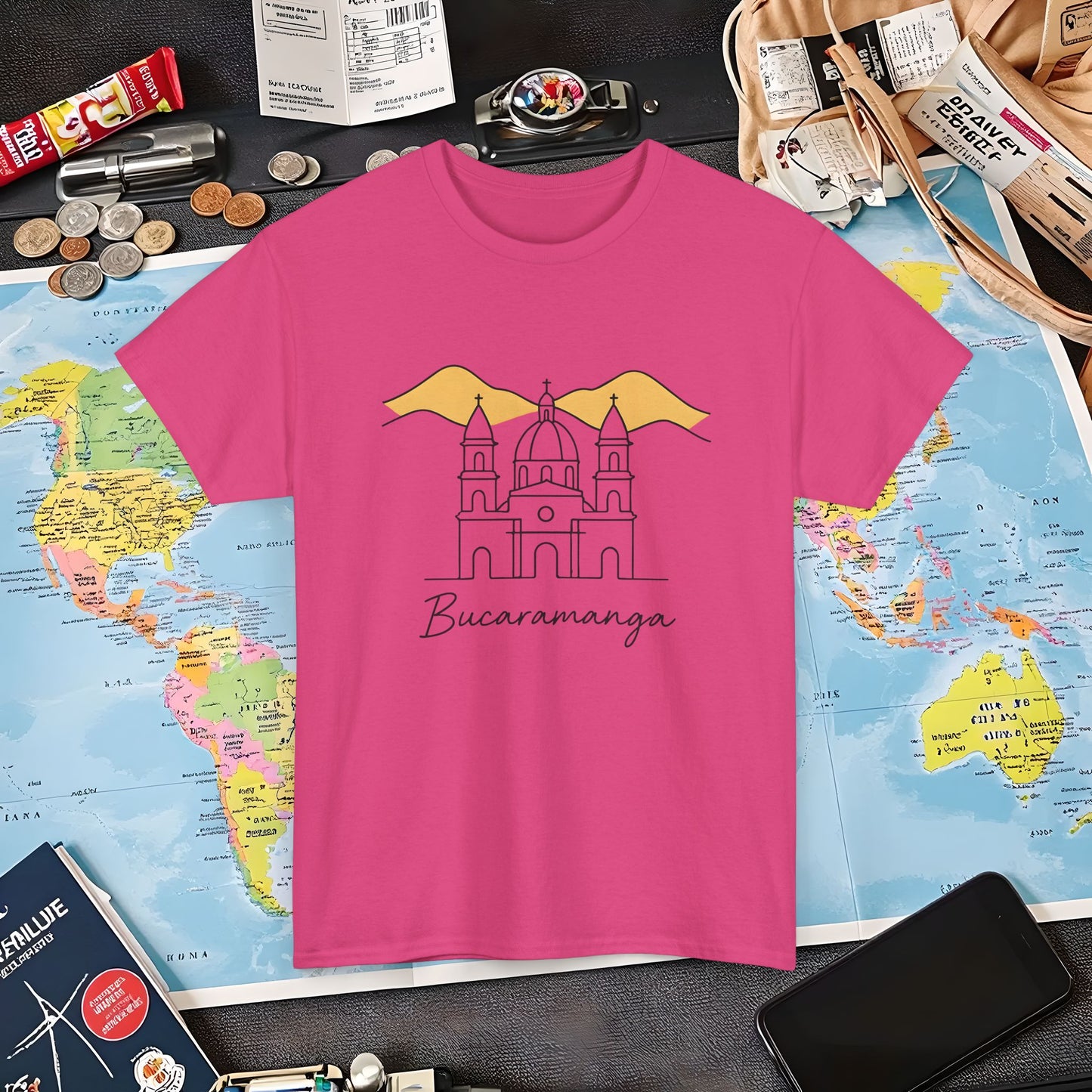 Bucaramanga Cathedral with Andes Silhouette – Vintage Colombia Travel Tee | Layover Club Air Travel T-Shirts | Jetsetter, Airport, and International Flight Tees