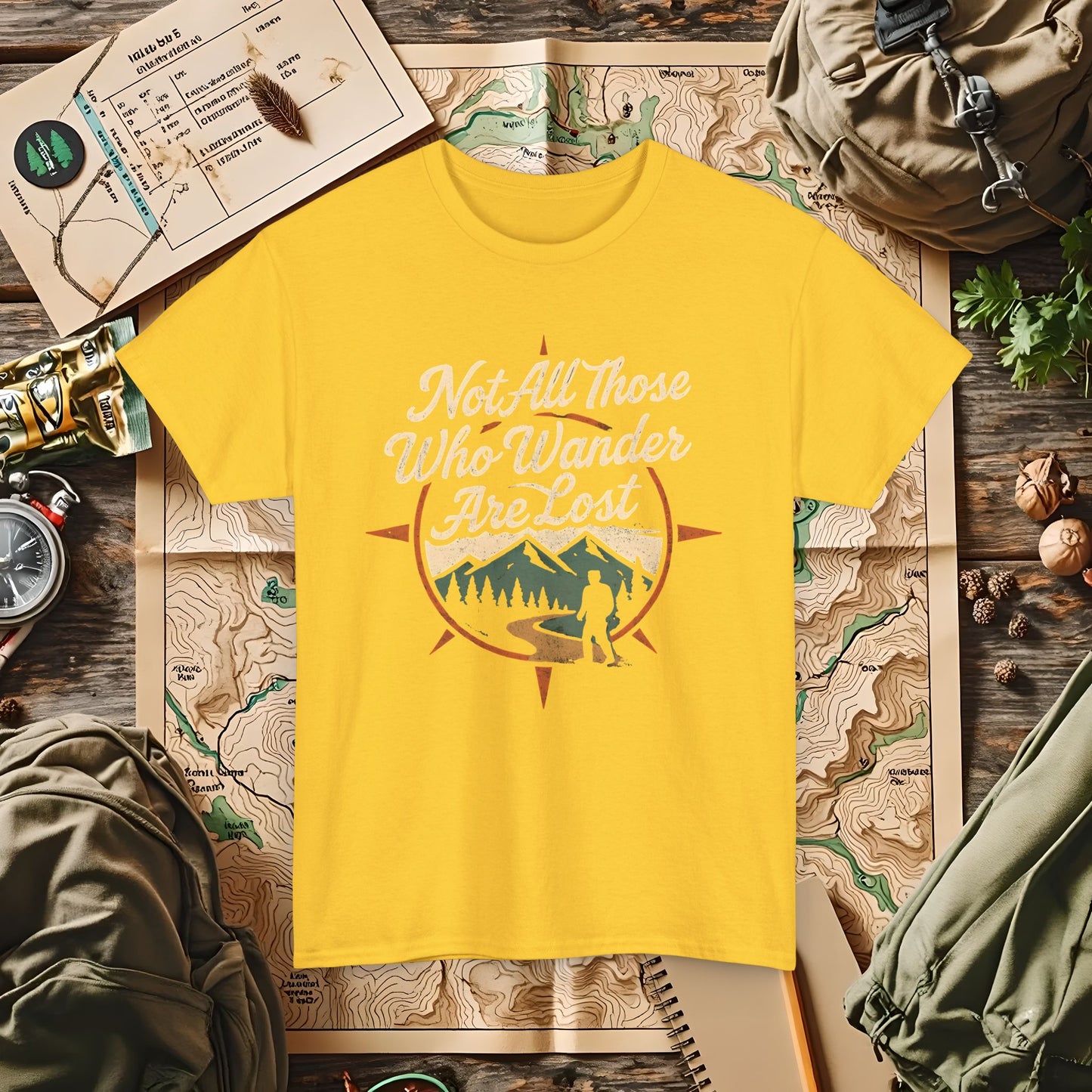 Not All Who Wander Are Lost – Vintage Compass Mountain Tee | Camping, Hiking, Rafting & Kayaking Tees for Nature Lovers