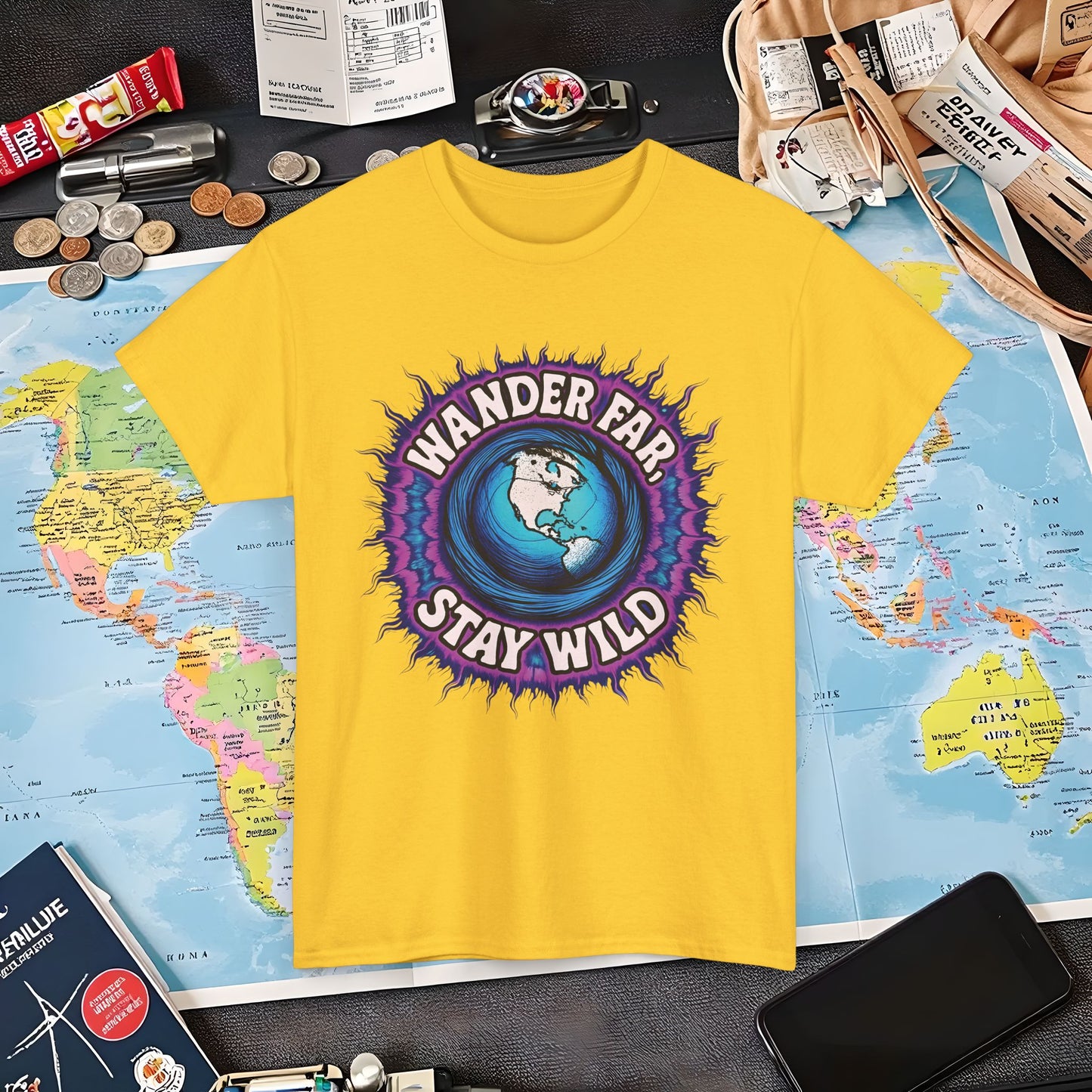 Wander Far, Stay Wild T-Shirt – Globe Burst Adventure Design Air Travel T-Shirts | Jetsetter, Airport, and International Flight Tees