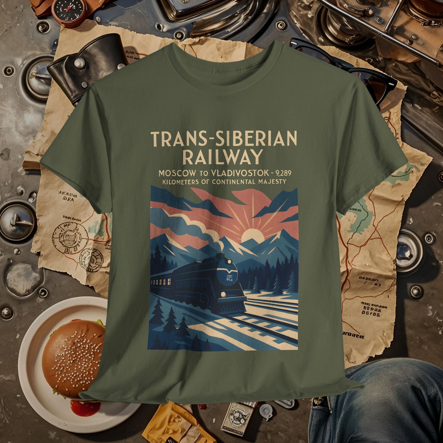 Trans-Siberian Twilight – Art Deco Russian Train Journey Tee Road Trip & Vehicle Travel T-Shirts | Car, RV, and Motorcycle Adventure Tees