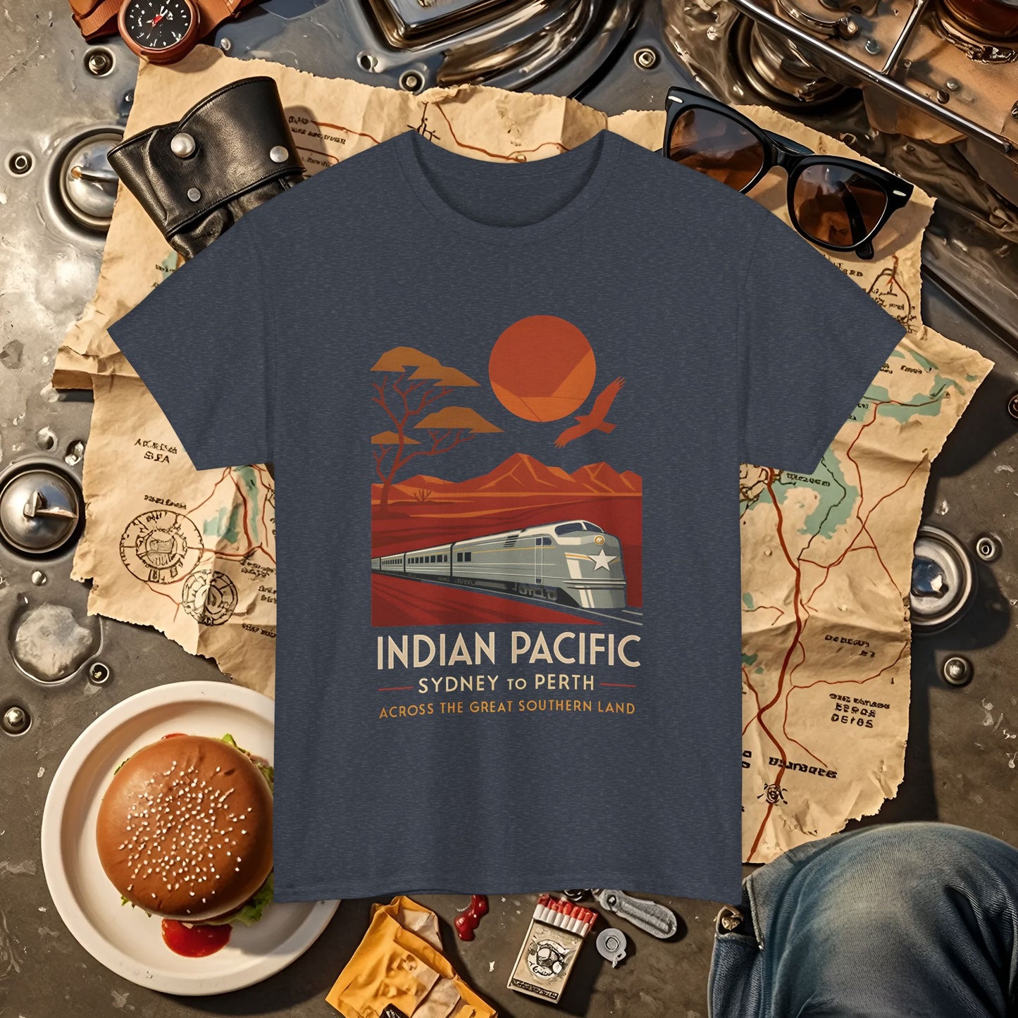Australian Indian Pacific – Art Deco Desert Crossing Train Tee Road Trip & Vehicle Travel T-Shirts | Car, RV, and Motorcycle Adventure Tees