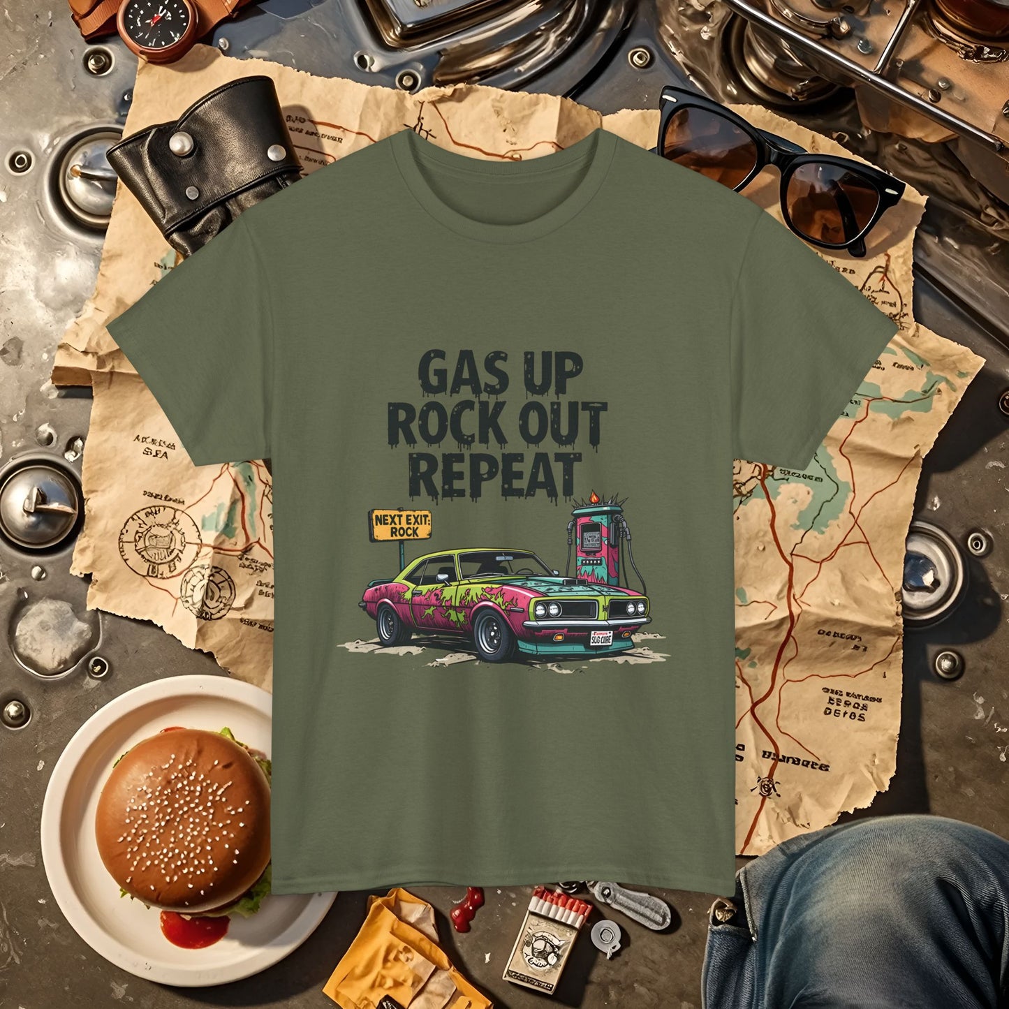 Gas Up, Rock Out and Repeat Road Trip & Vehicle Travel T-Shirts | Car, RV, and Motorcycle Adventure Tees