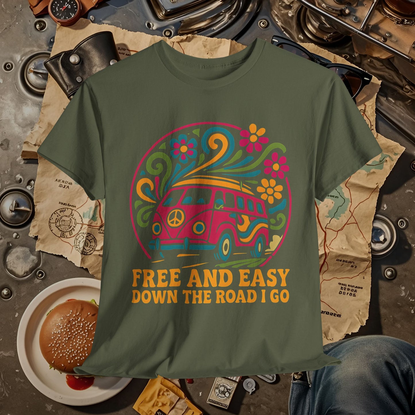 Free and Easy T-Shirt – Retro Hippie Van with Floral Freedom Vibes