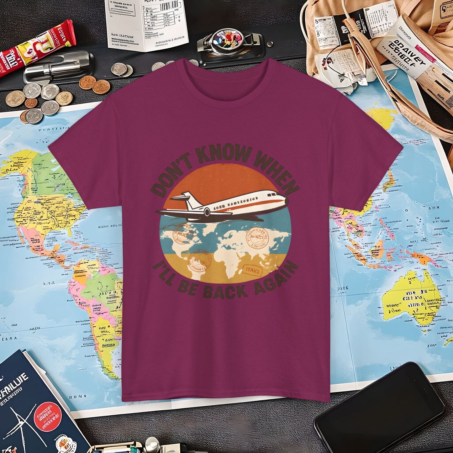 Don’t Know When I’ll Be Back Again T-Shirt – Retro ’70s Jet & Vintage Map Travel Design Air Travel T-Shirts | Jetsetter, Airport, and International Flight Tees