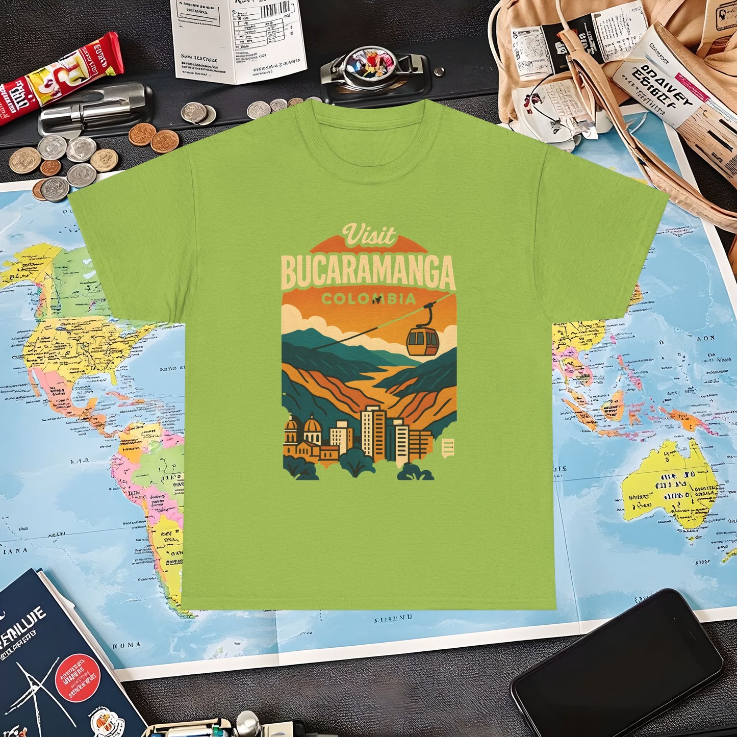 Retro Bucaramanga Skyline with Chicamocha Canyon – Vintage Colombia Travel Tee | Layover Club Air Travel T-Shirts | Jetsetter, Airport, and International Flight Tees