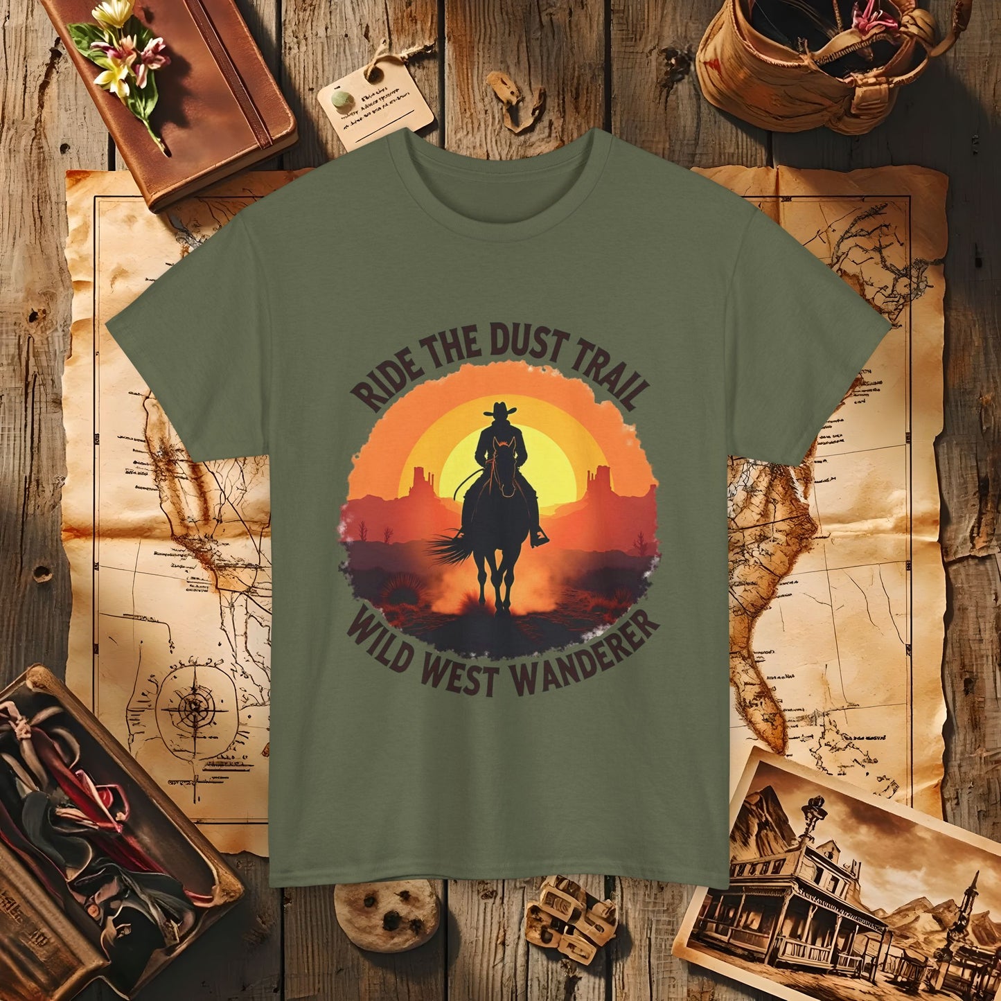 Ride the Dust Trail, Wild West Wanderer Western Travel T-Shirts | Desert, Ghost Town, and Cowboy-Inspired Adventure Tees