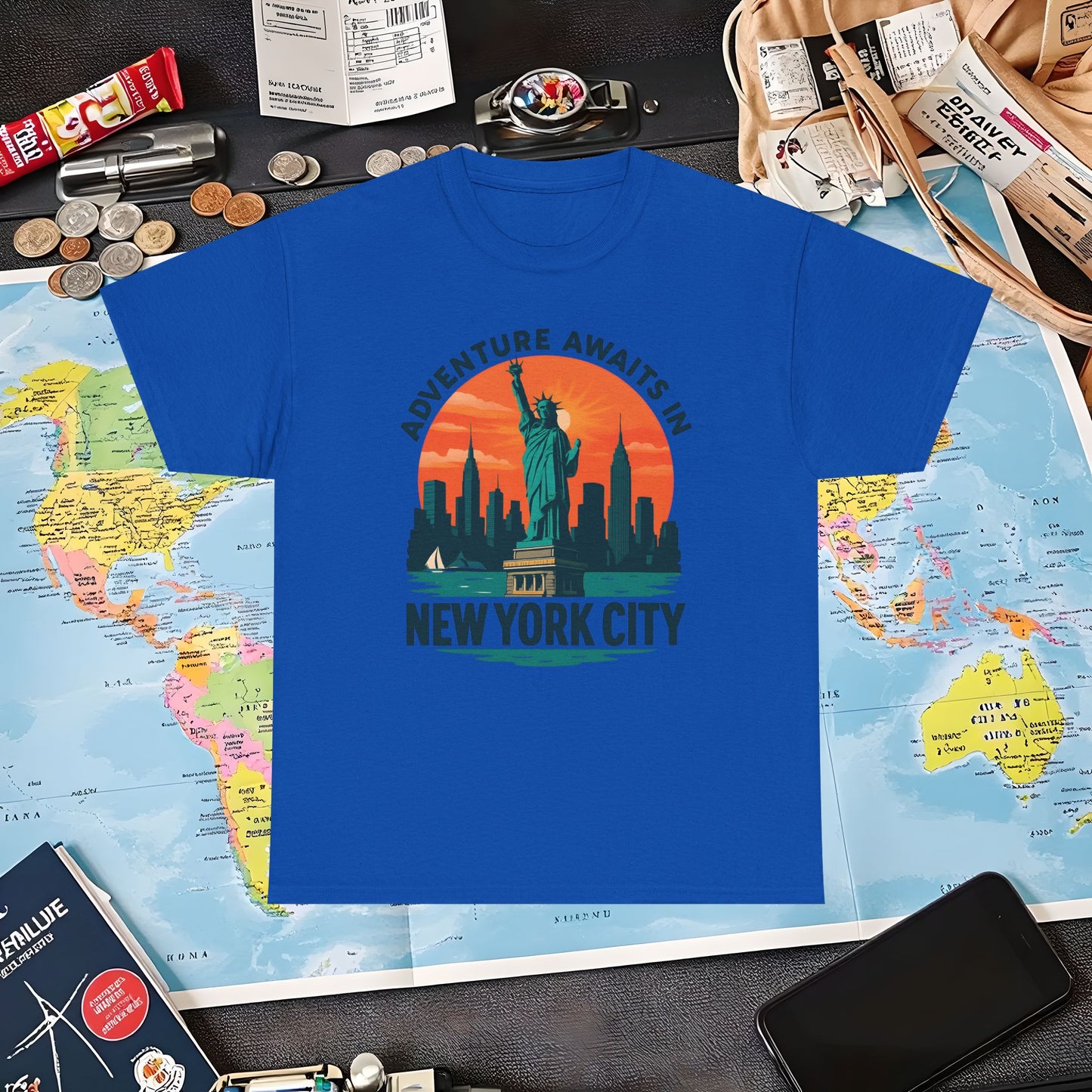 Adventure Awaits in New York City T-Shirt – Sunset Skyline with Statue of Liberty Design Air Travel T-Shirts | Jetsetter, Airport, and International Flight Tees