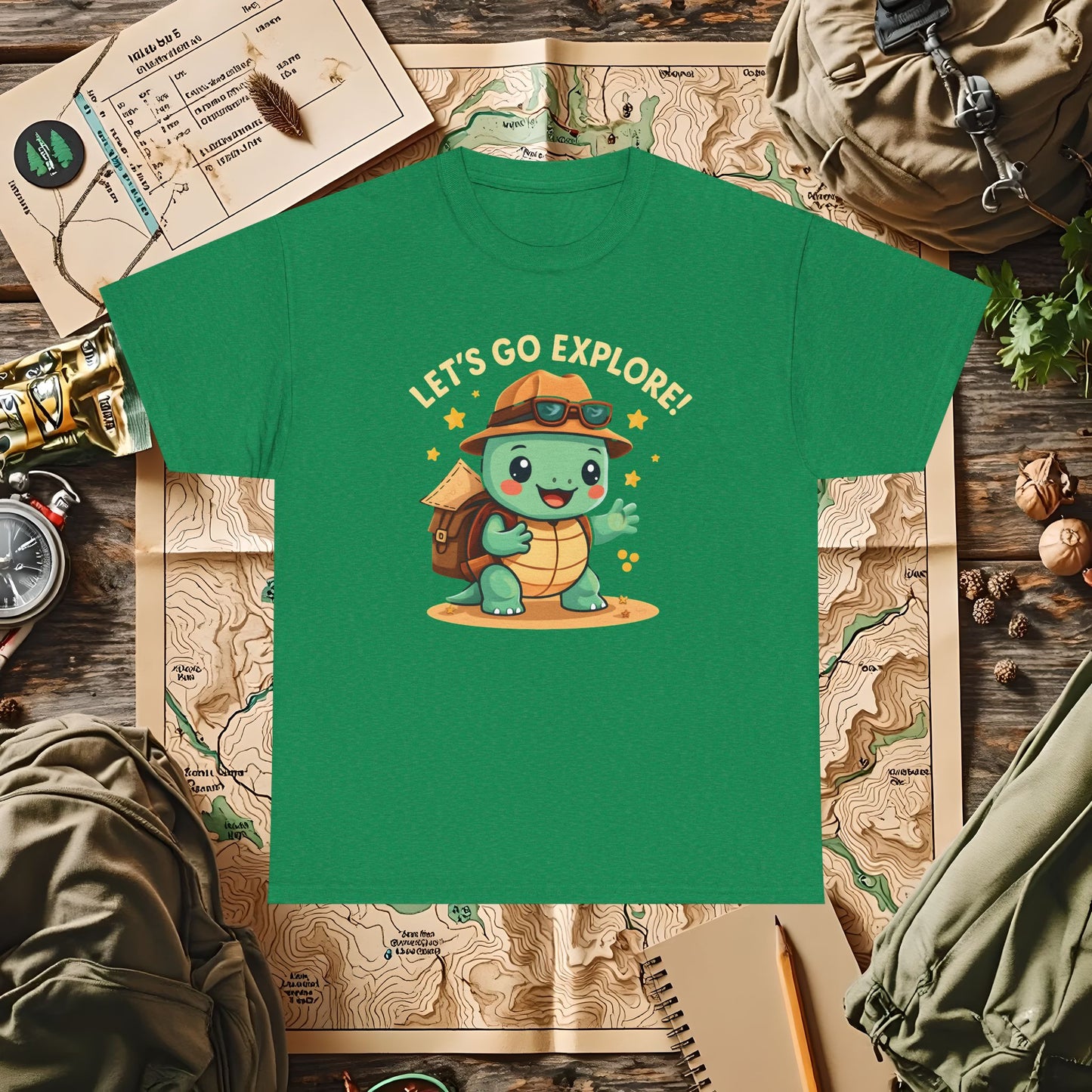 Let’s Go Explore T-Shirt – Cute Turtle Explorer with Travel Gear Design | Camping, Hiking, Rafting & Kayaking Tees for Nature Lovers