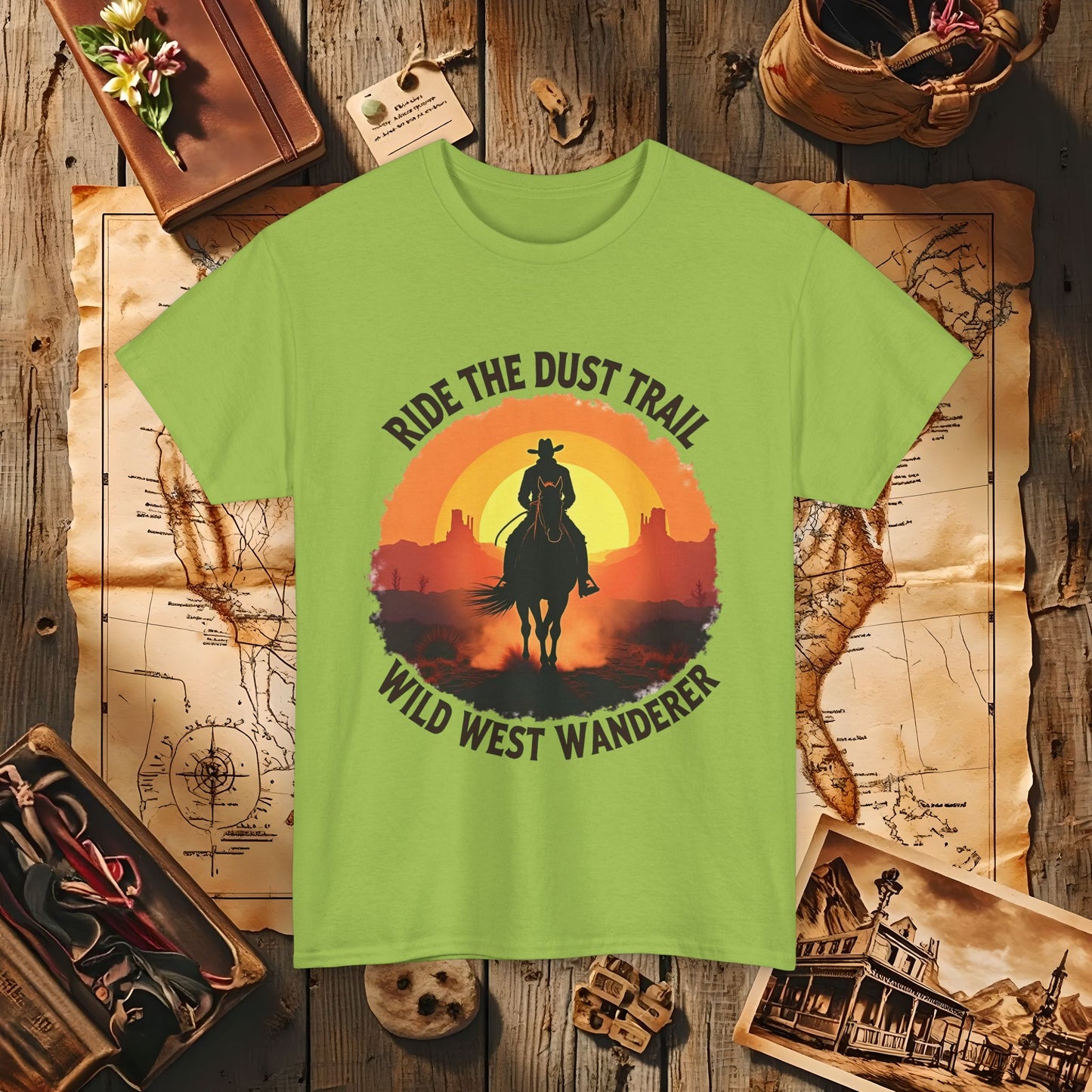 Ride the Dust Trail, Wild West Wanderer Western Travel T-Shirts | Desert, Ghost Town, and Cowboy-Inspired Adventure Tees