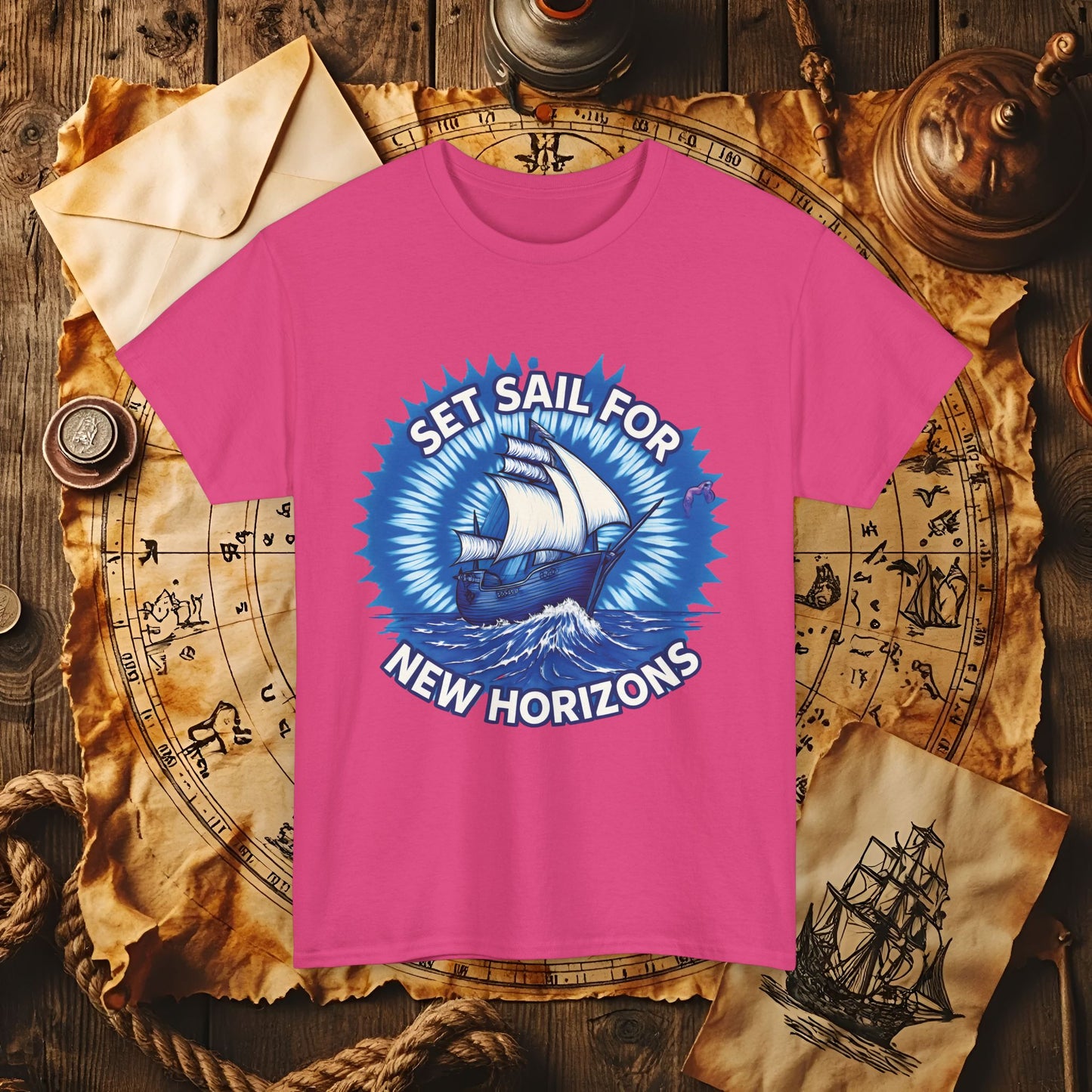 Set Sail for New Horizons T-Shirt – Old Tall Ship on Rough Water Design | Funny & Stylish Tees for Ocean Adventures
