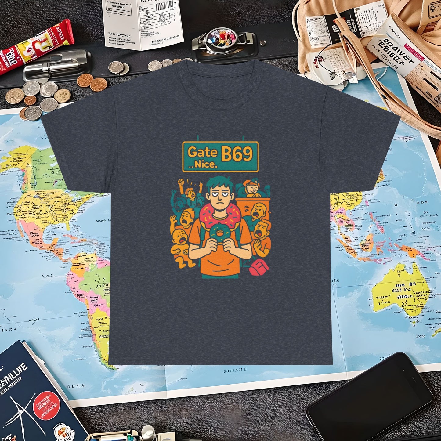 Gate B69 Deadpan Traveler T-Shirt — Chill at Chaotic Airport Terminal Layover Tee Air Travel T-Shirts | Jetsetter, Airport, and International Flight Tees