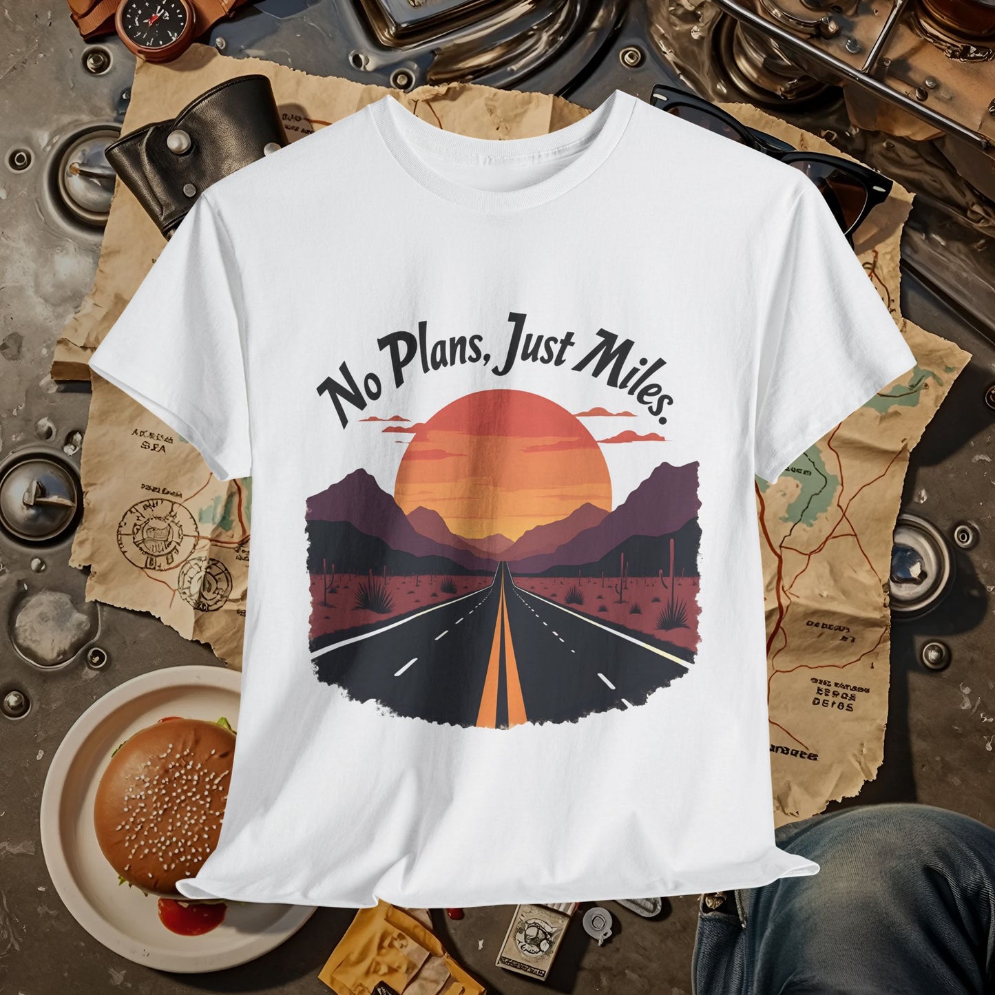 No Plans, Just Miles Adventure Road Unisex Cotton Tee - Travel Shirt, Road Trip Tee, Travel Lover Gift, Nature Lover Shirt, Vacation T-Shirt, Charity Donation