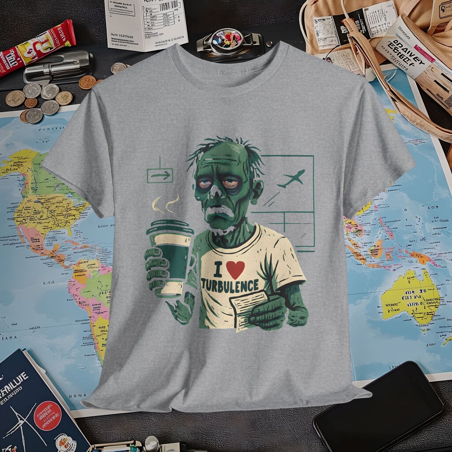 I Love Turbulence – Exhausted Zombie Traveler Coffee Tee Air Travel T-Shirts | Jetsetter, Airport, and International Flight Tees