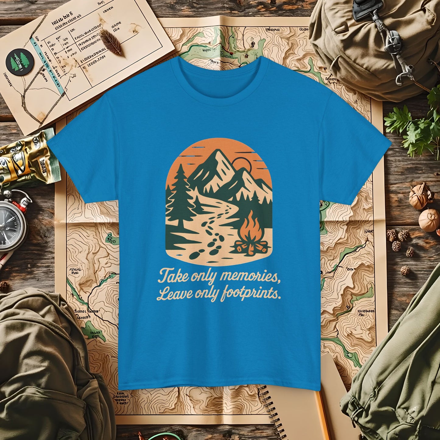 Take Only Memories, Leave Only Footprints — Sunset Mountain Trail Adventure Badge T-Shirt | Camping, Hiking, Rafting & Kayaking Tees for Nature Lovers