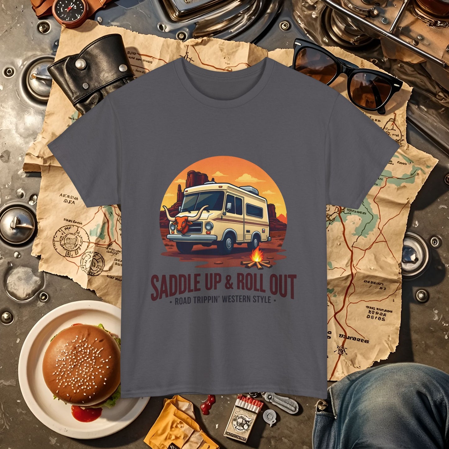 Saddle Up and Roll out Road Trip & Vehicle Travel T-Shirts | Car, RV, and Motorcycle Adventure Tees