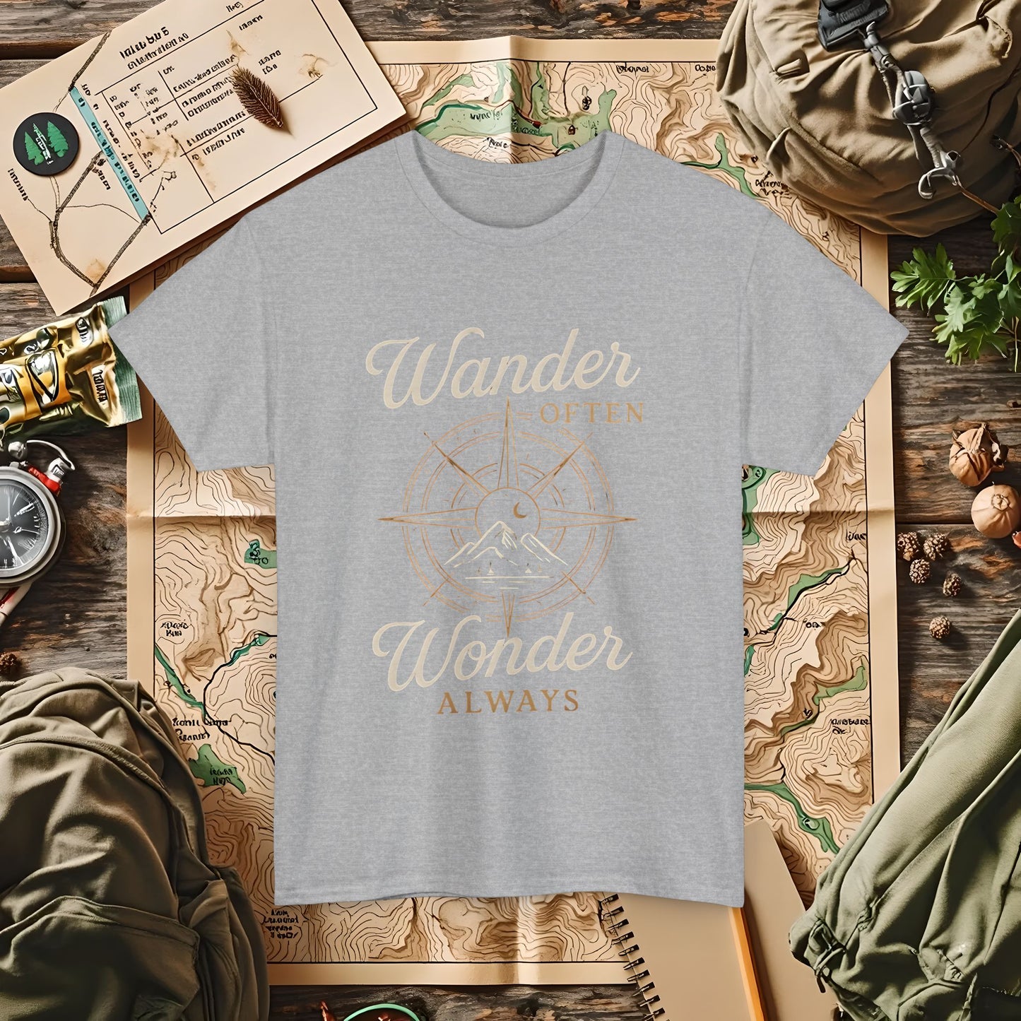 Wander Often, Wonder Always – Compass Quote Travel Tee | Camping, Hiking, Rafting & Kayaking Tees for Nature Lovers
