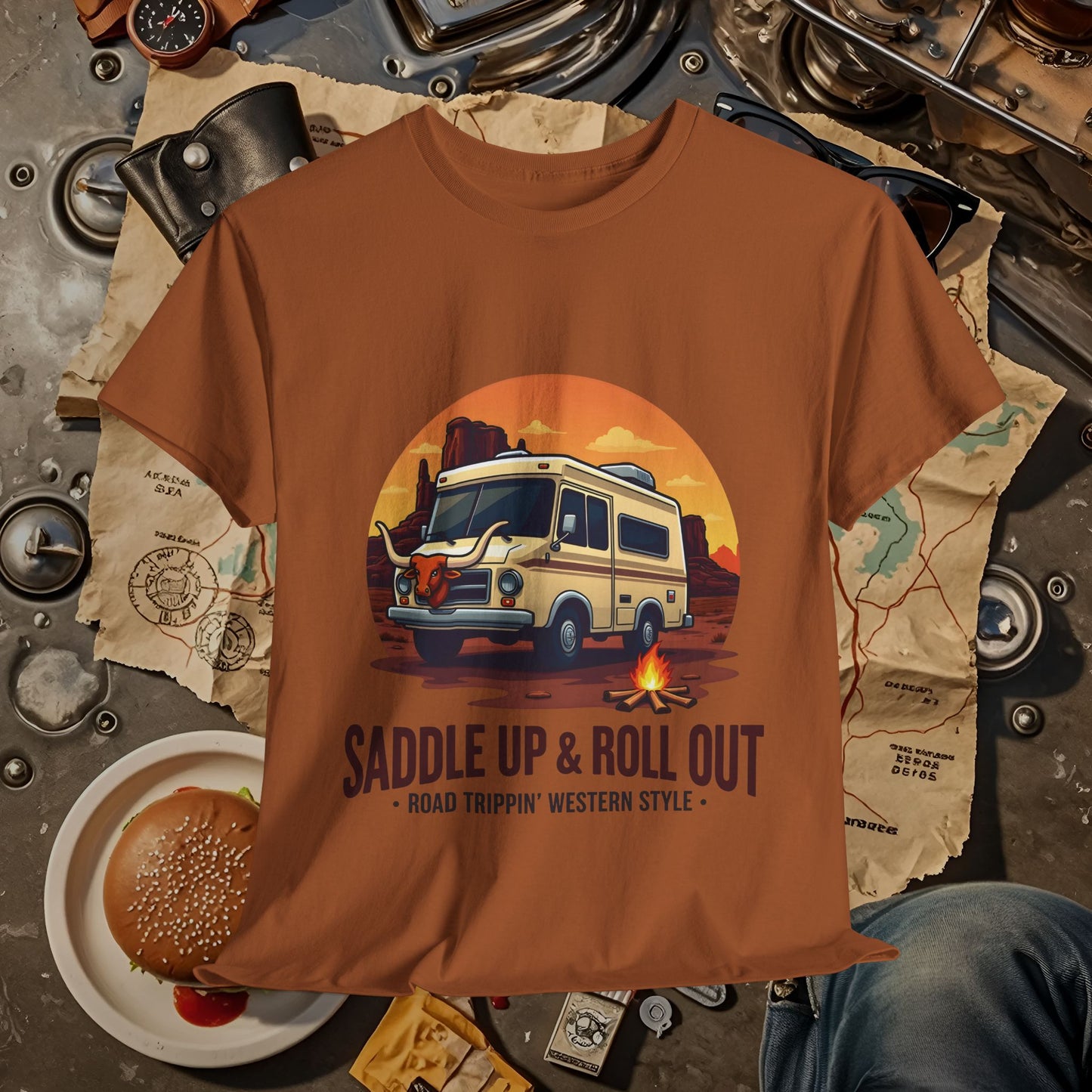 Saddle Up and Roll out Road Trip & Vehicle Travel T-Shirts | Car, RV, and Motorcycle Adventure Tees