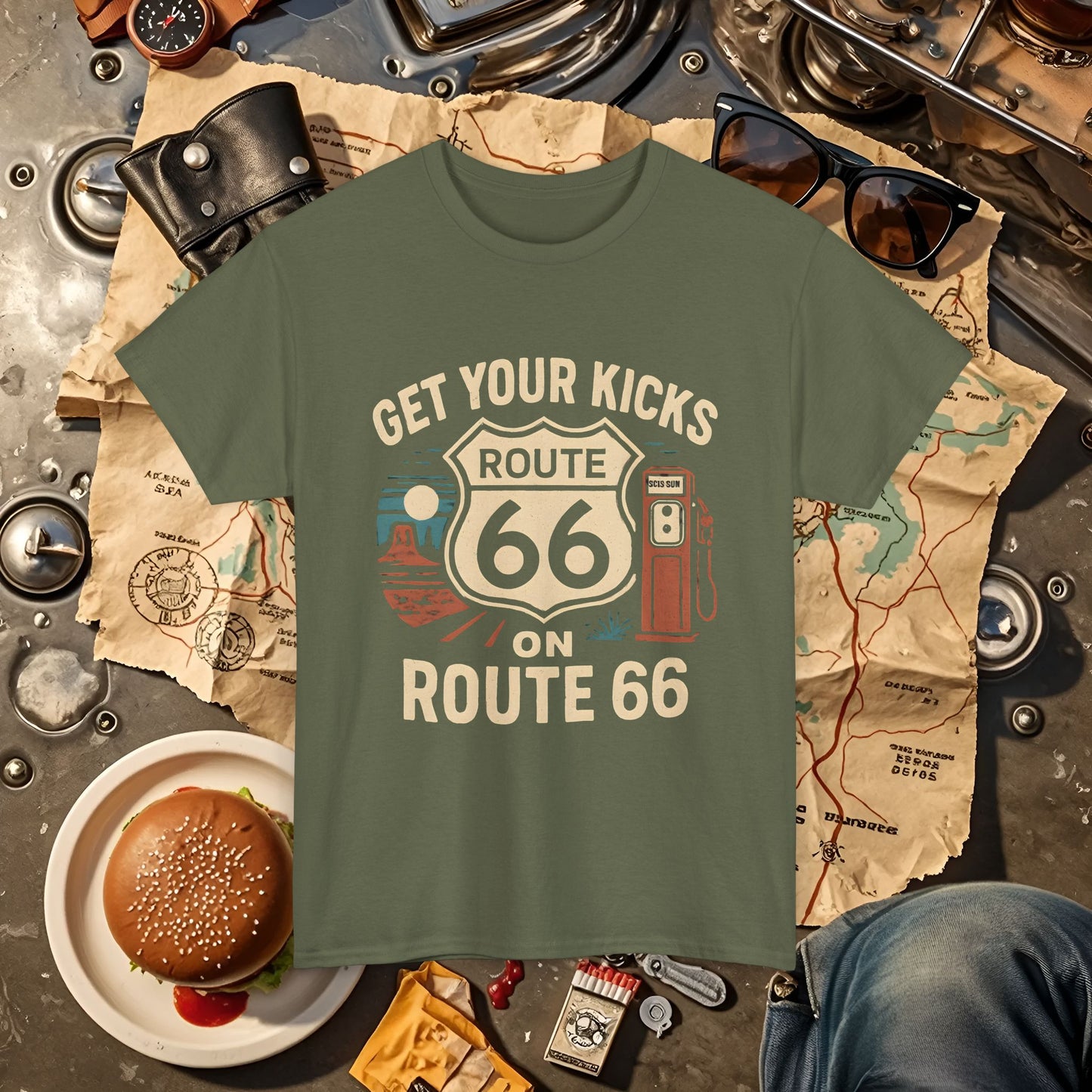 Get Your Kicks on Route 66 T-Shirt – Vintage Desert Scene with Classic Gas Pump & Roadside Vibes Road Trip & Vehicle Travel T-Shirts | Car, RV, and Motorcycle Adventure Tees
