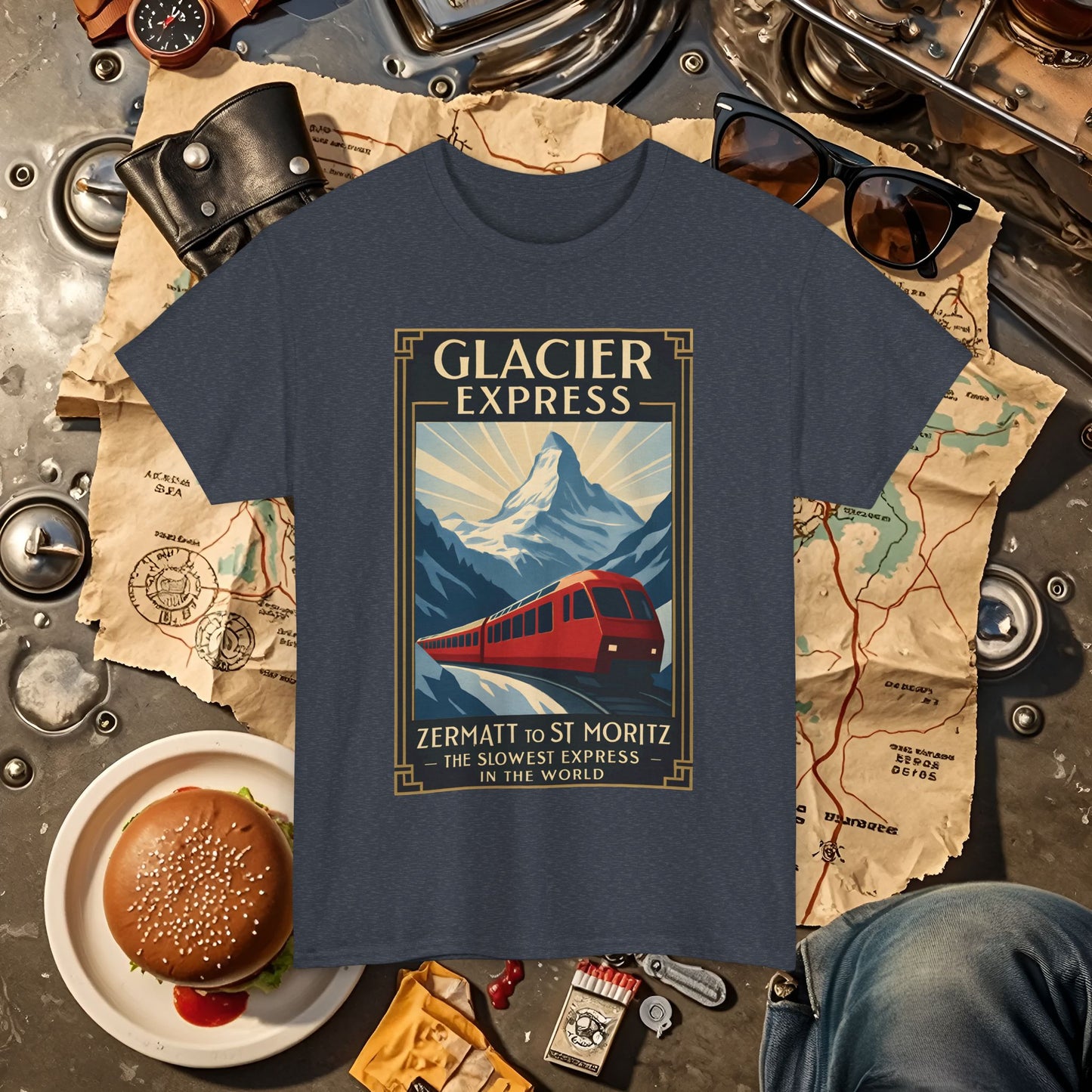 Glacier Express – Art Deco Alpine Train Adventure Tee Road Trip & Vehicle Travel T-Shirts | Car, RV, and Motorcycle Adventure Tees