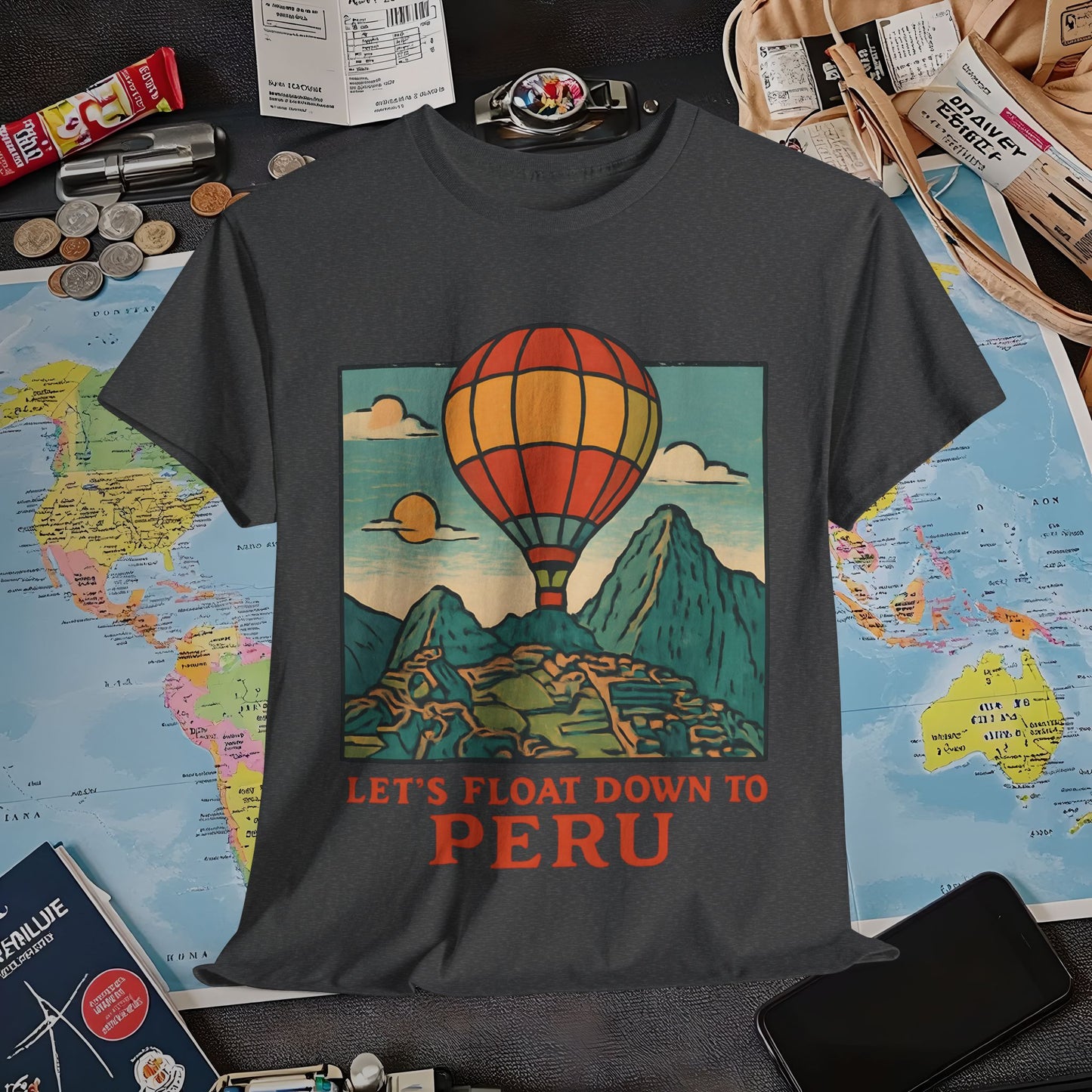 Let’s Float Down to Peru T-Shirt – Vintage Hot-Air Balloon Over Machu Picchu Design Air Travel T-Shirts | Jetsetter, Airport, and International Flight Tees