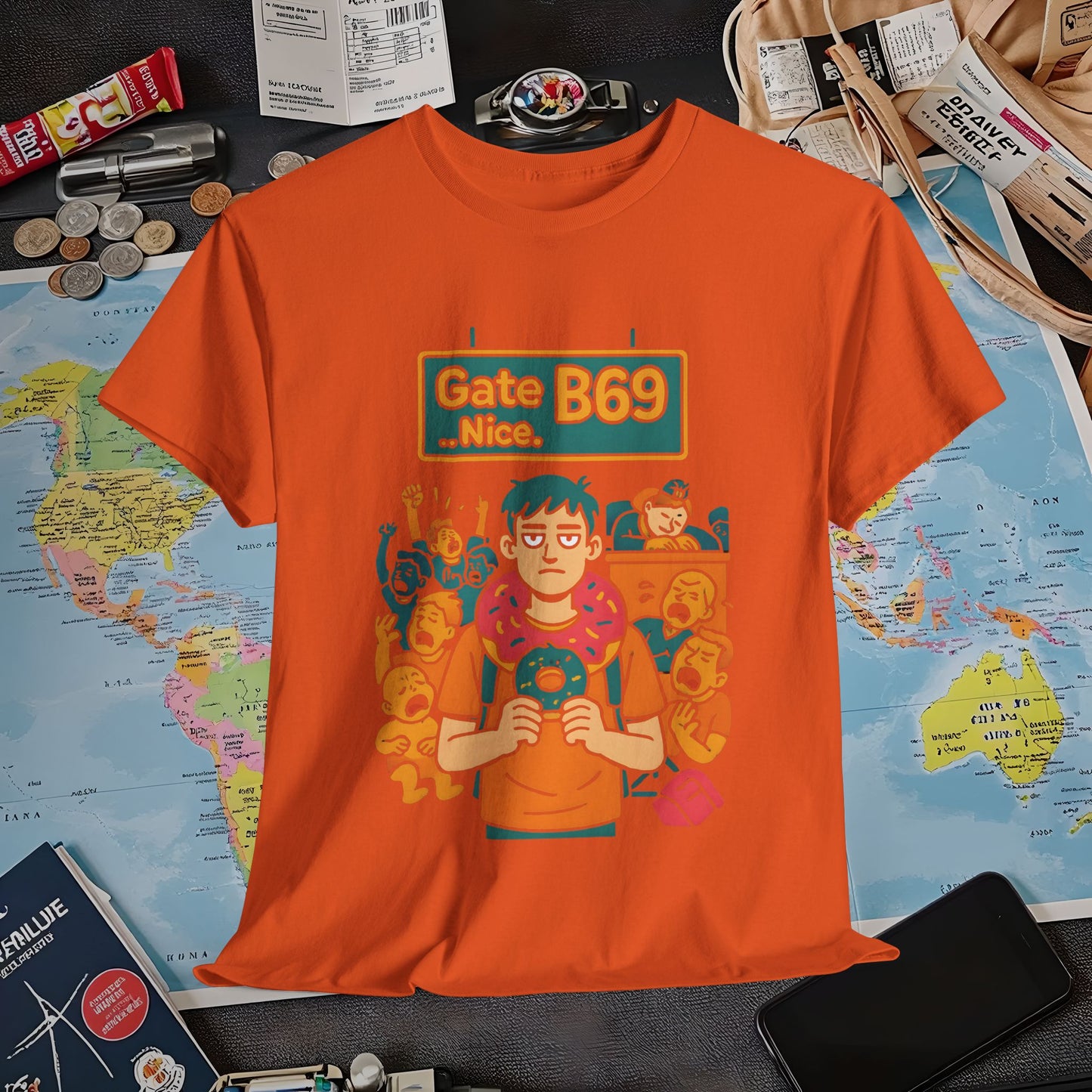 Gate B69 Deadpan Traveler T-Shirt — Chill at Chaotic Airport Terminal Layover Tee Air Travel T-Shirts | Jetsetter, Airport, and International Flight Tees