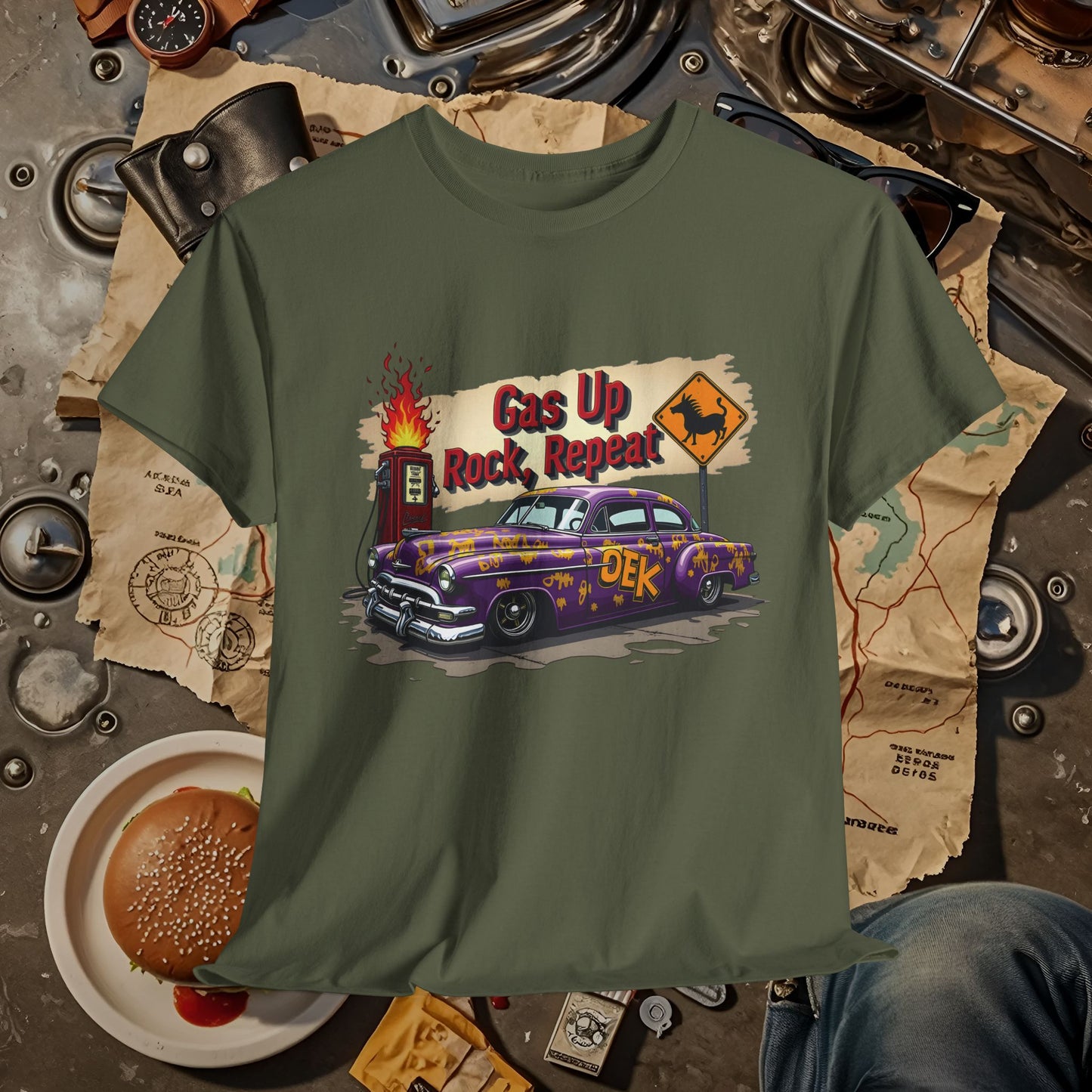 Gas Up, Rock and Repeat Road Trip & Vehicle Travel T-Shirts | Car, RV, and Motorcycle Adventure Tees