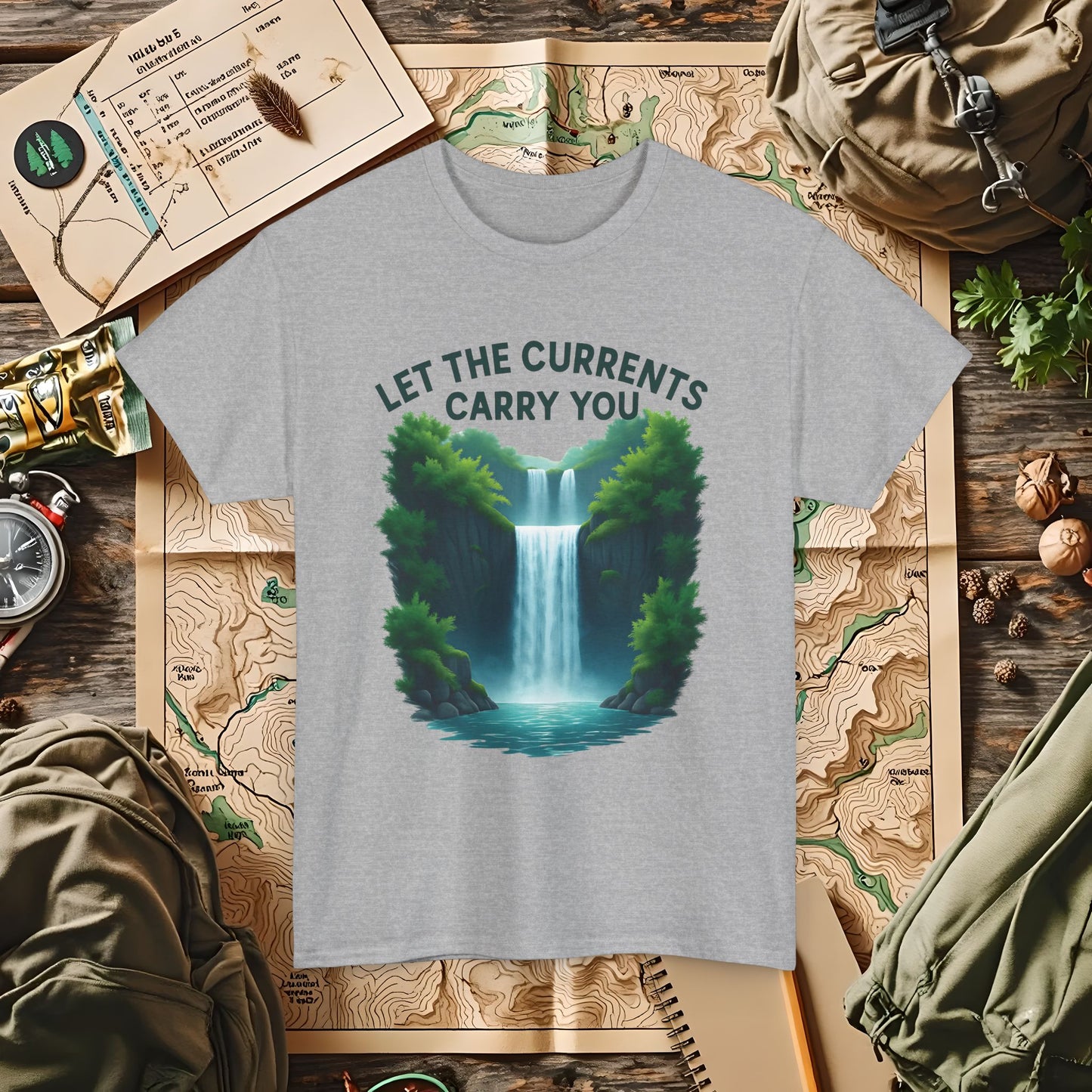 Let the Currents Carry You T-Shirt – Waterfall Escape Design Camping, Hiking, Rafting & Kayaking Tees for Nature Lovers