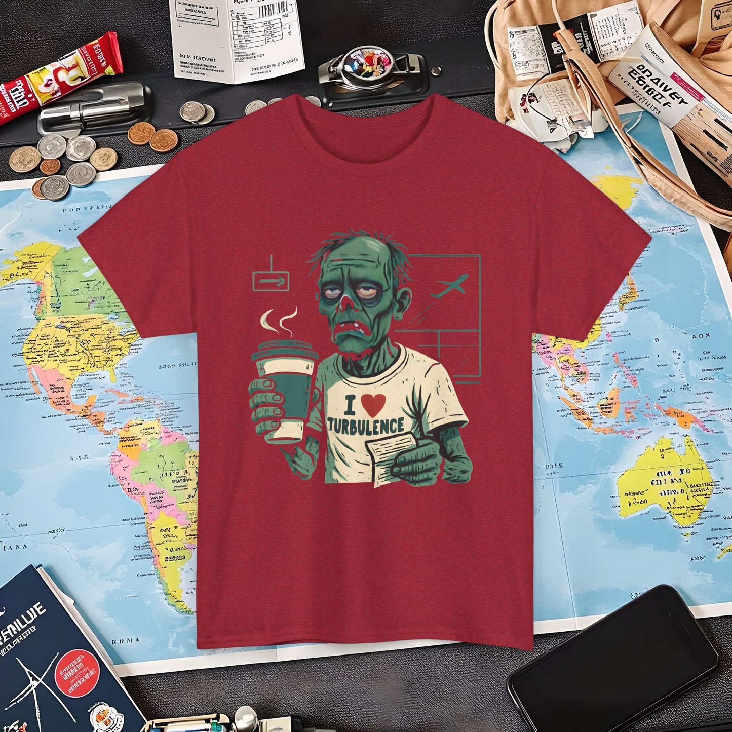 I Love Turbulence – Exhausted Zombie Traveler Coffee Tee Air Travel T-Shirts | Jetsetter, Airport, and International Flight Tees
