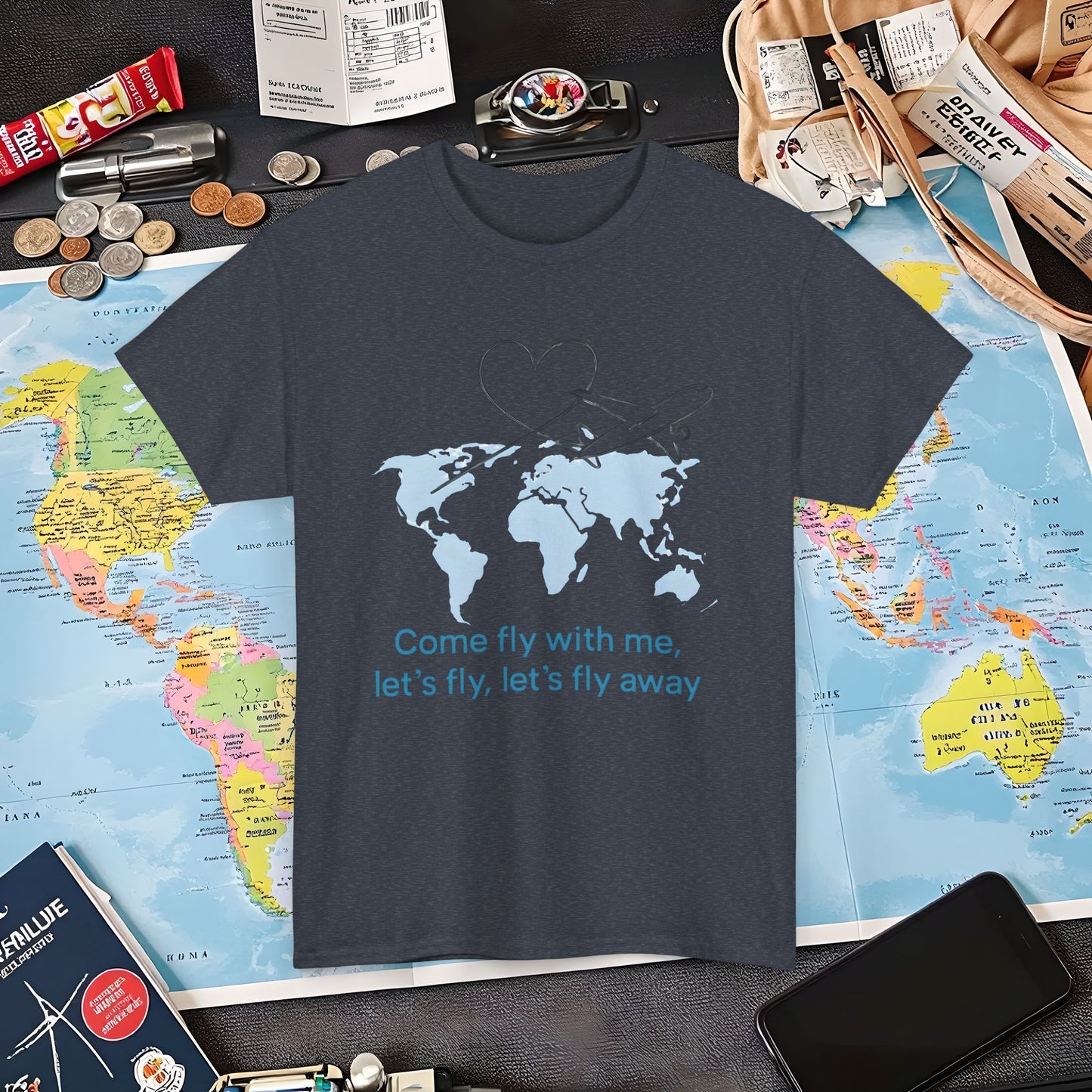 Come Fly With Me T-Shirt – Heart-Loop Airplane Over World Map Design Air Travel T-Shirts | Jetsetter, Airport, and International Flight Tees