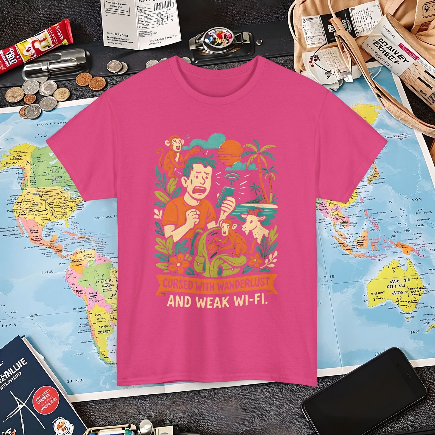 Cursed with Wanderlust and Weak Wi-Fi – Funny Tropical Traveler Frustration Tee Travel T-Shirts | Jetsetter, Airport, and International Flight Tees