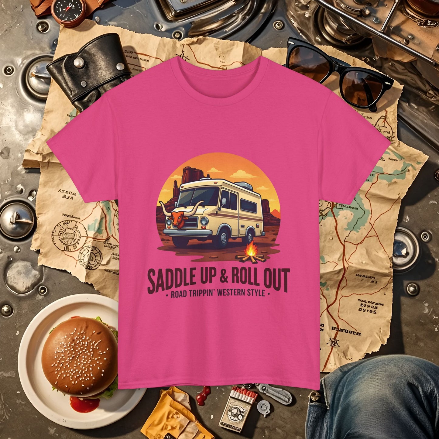 Saddle Up and Roll out Road Trip & Vehicle Travel T-Shirts | Car, RV, and Motorcycle Adventure Tees