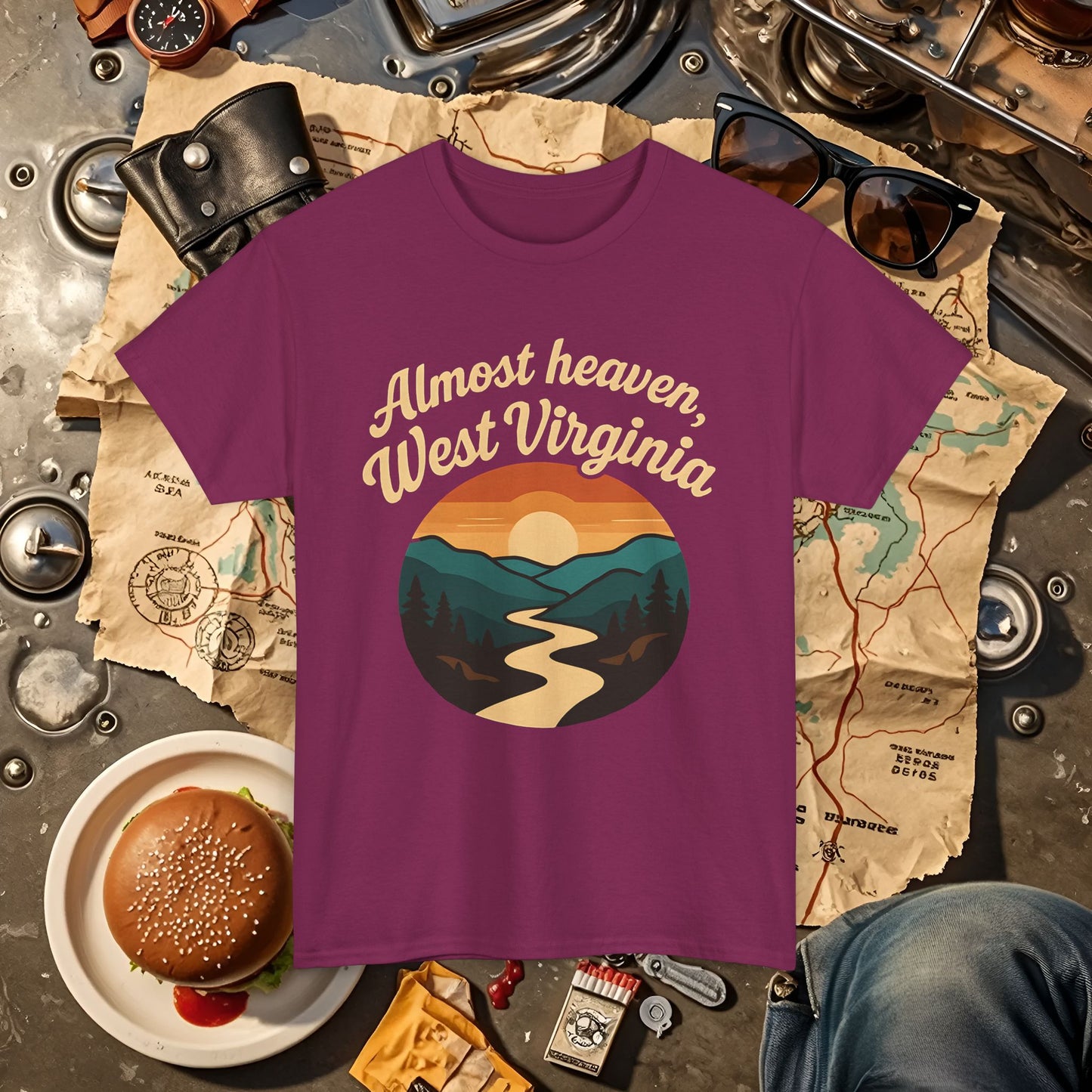 Almost Heaven, West Virginia T-Shirt – Vintage Appalachian Sunset with Winding River Road Trip & Vehicle Travel T-Shirts | Car, RV, and Motorcycle Adventure Tees