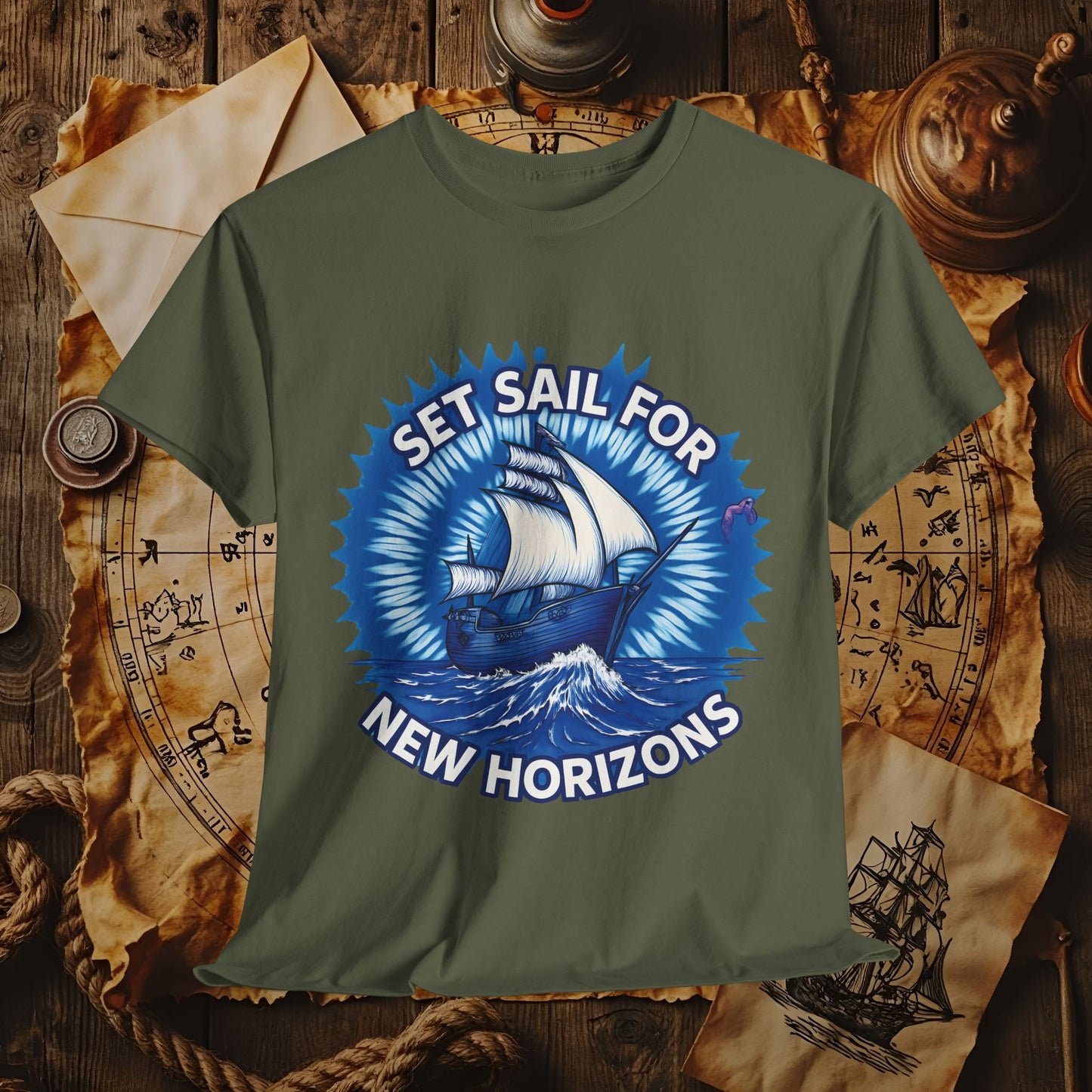 Set Sail for New Horizons T-Shirt – Old Tall Ship on Rough Water Design | Funny & Stylish Tees for Ocean Adventures