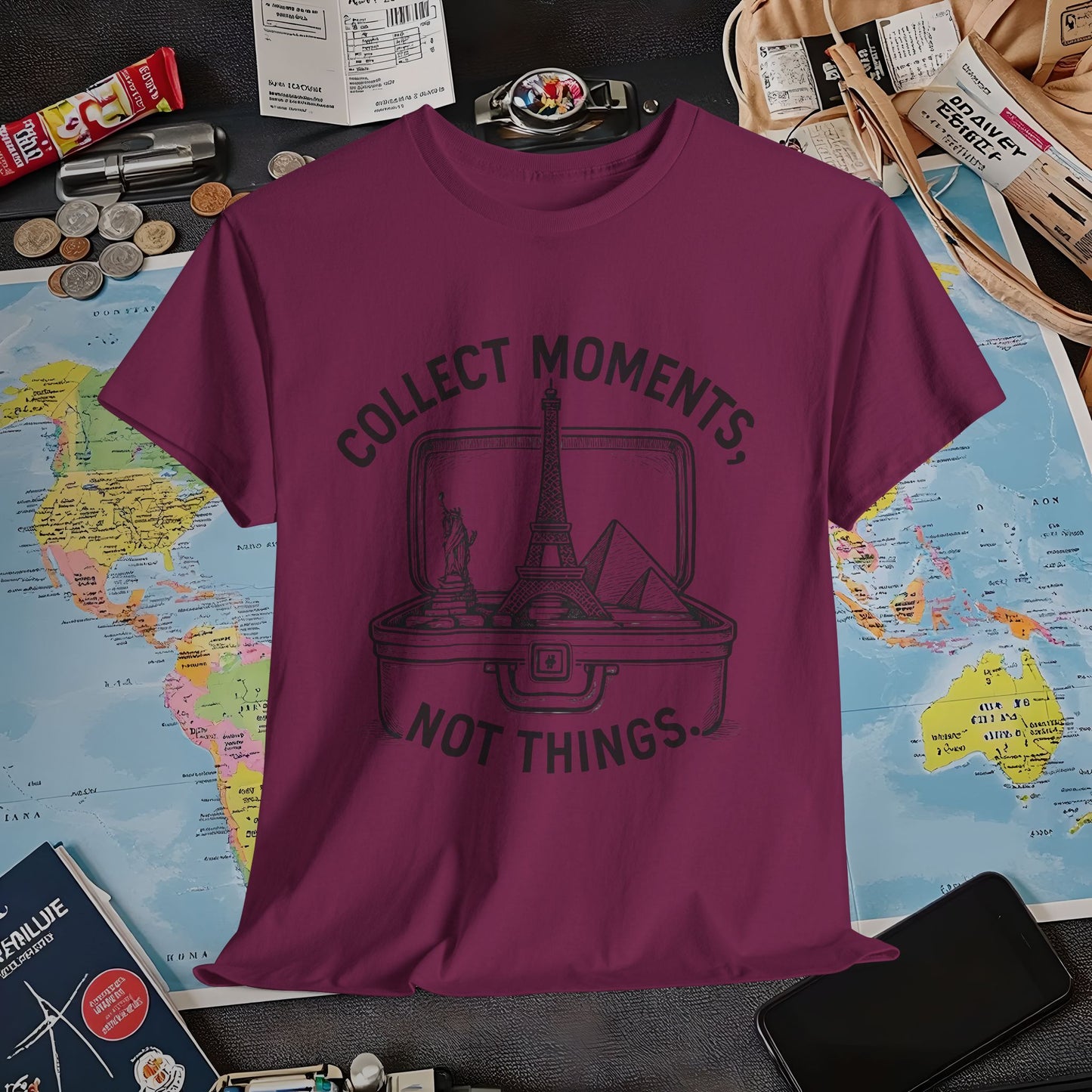 Collect Moments, Not Things T-Shirt – Inspirational Travel Quote Design Air Travel T-Shirts | Jetsetter, Airport, and International Flight Tees