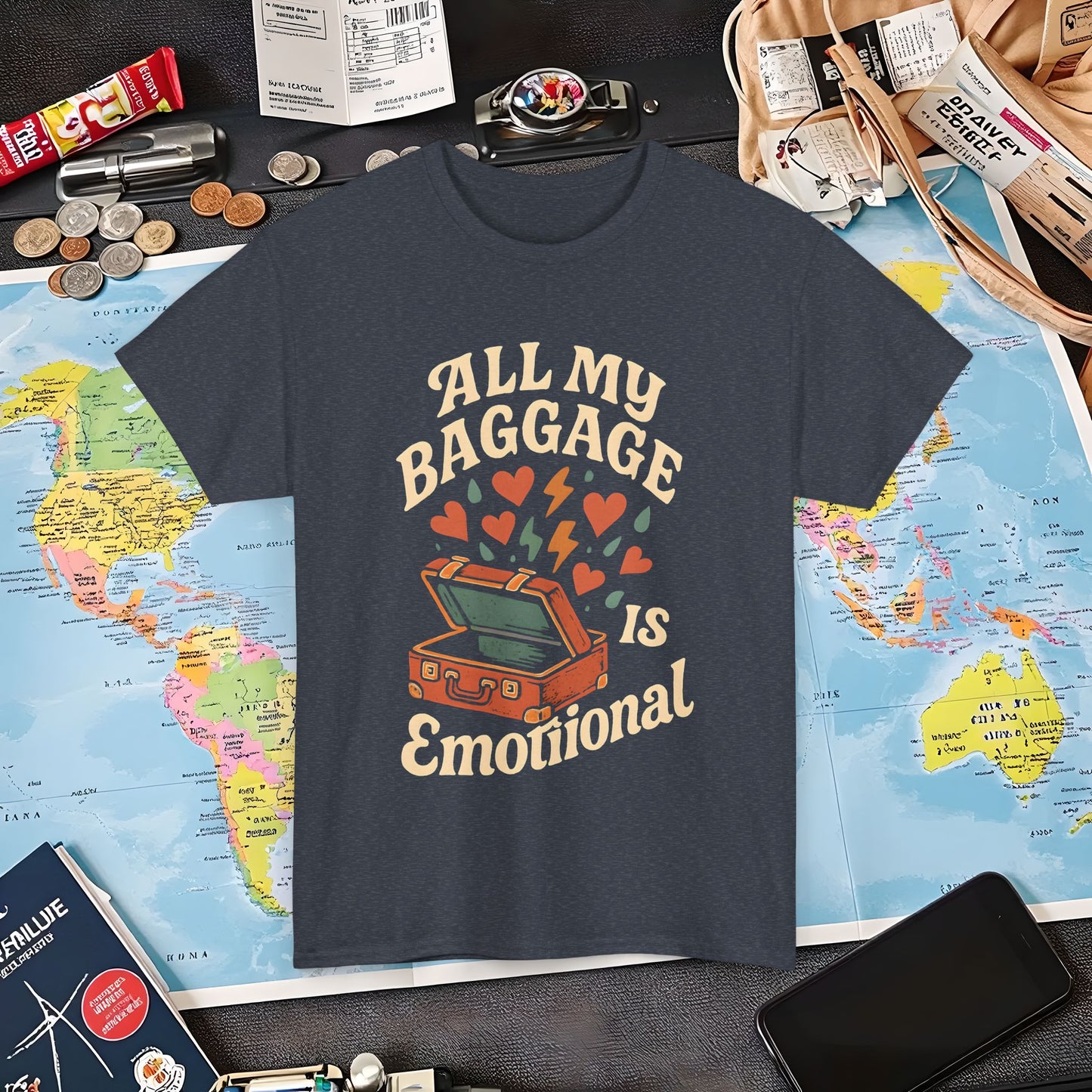 All My Baggage Is Emotional – Retro Suitcase Overflowing with Feelings Tee Air Travel T-Shirts | Jetsetter, Airport, and International Flight Tees