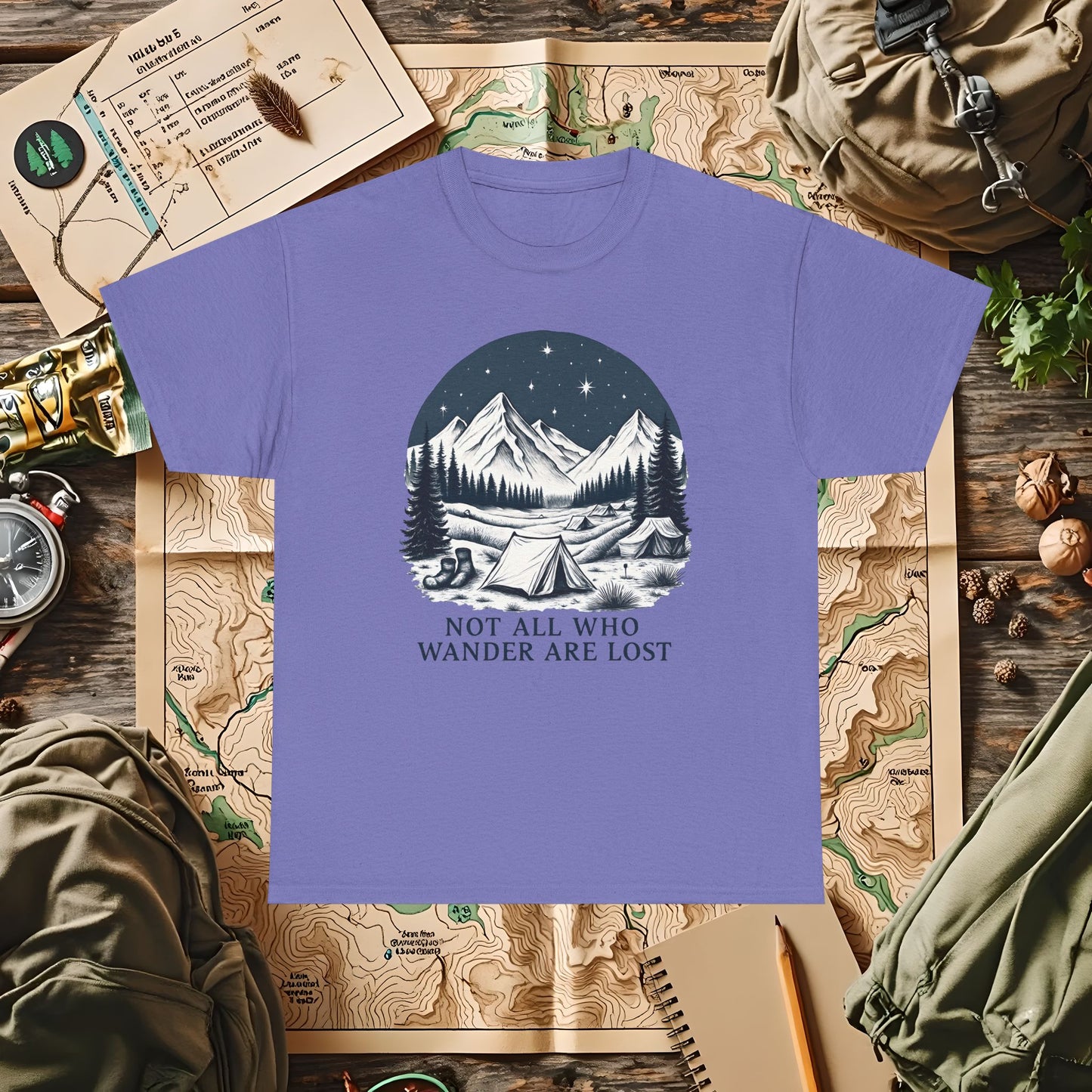 Not All Who Wander Are Lost T-Shirt – Mountain Camping Under Starry Night Camping, Hiking, Rafting & Kayaking Tees for Nature Lovers