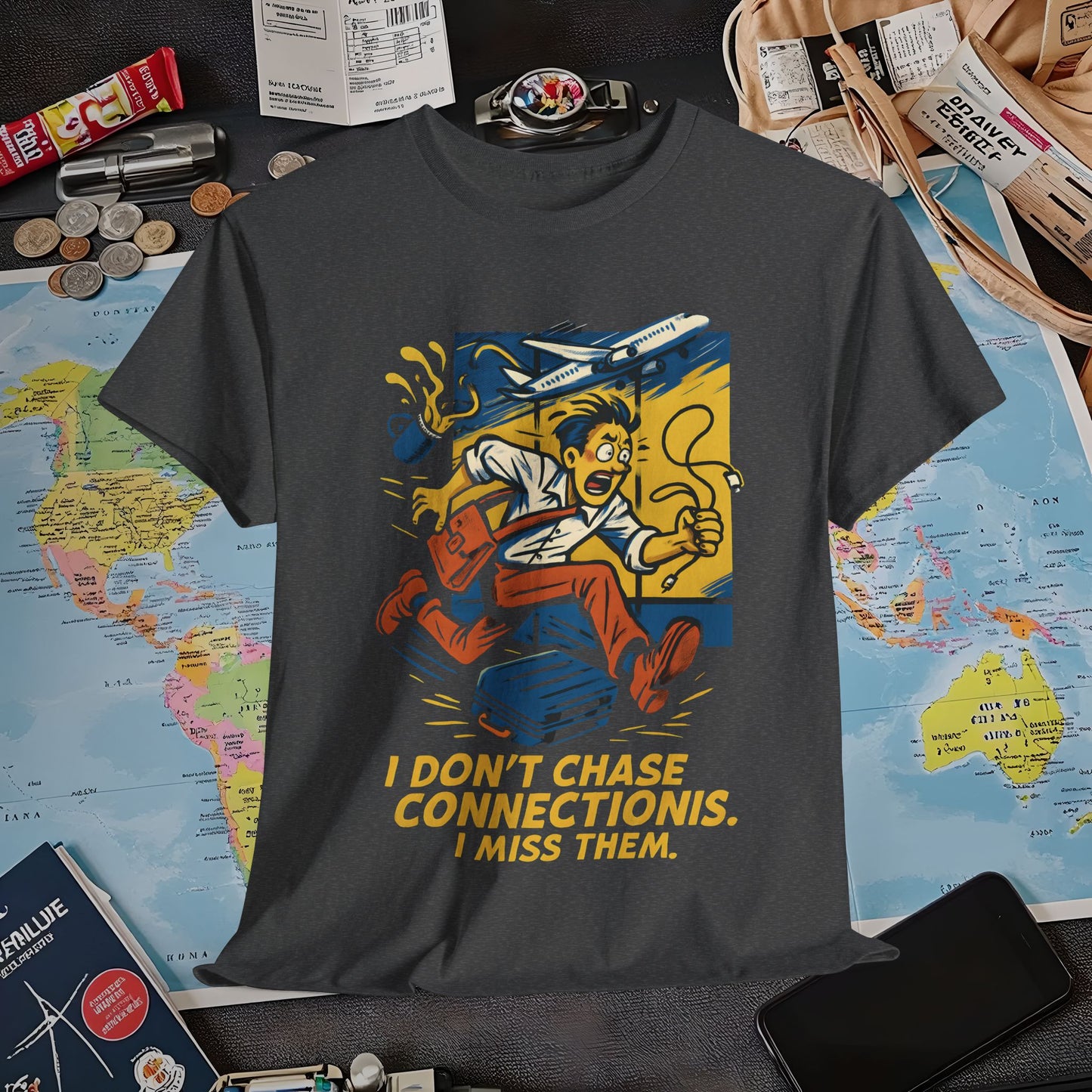 I Don’t Chase Connections, I Miss Them – Frantic Airport Traveler Tee Air Travel T-Shirts | Jetsetter, Airport, and International Flight Tees