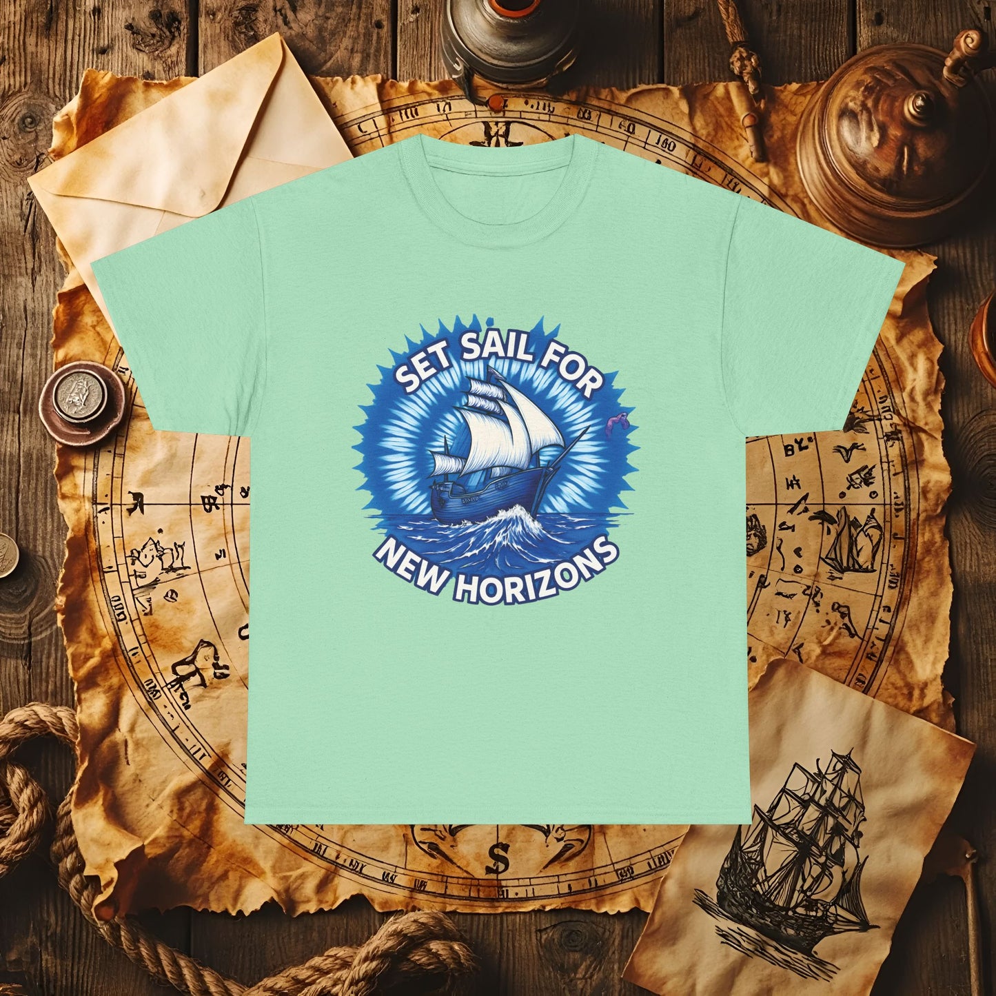 Set Sail for New Horizons T-Shirt – Old Tall Ship on Rough Water Design | Funny & Stylish Tees for Ocean Adventures