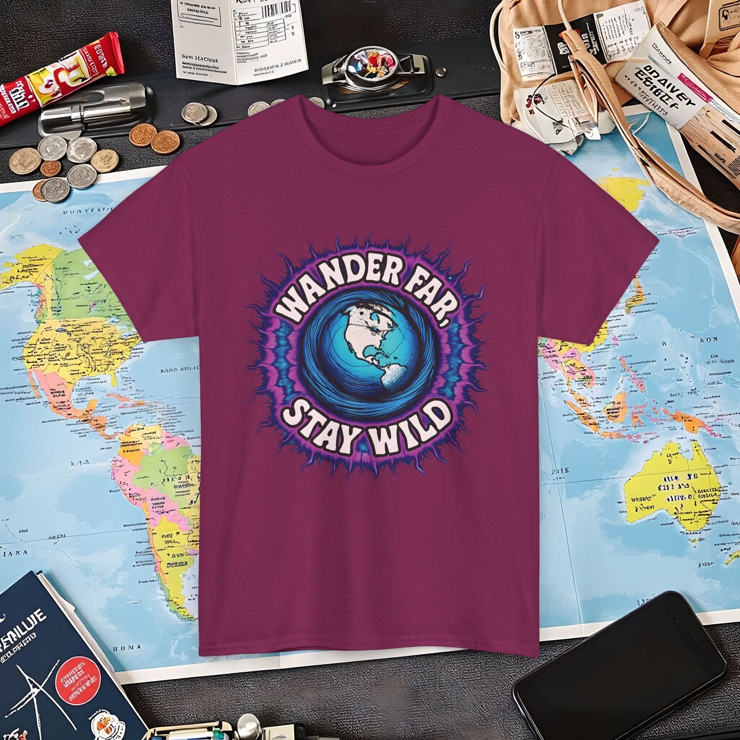 Wander Far, Stay Wild T-Shirt – Globe Burst Adventure Design Air Travel T-Shirts | Jetsetter, Airport, and International Flight Tees
