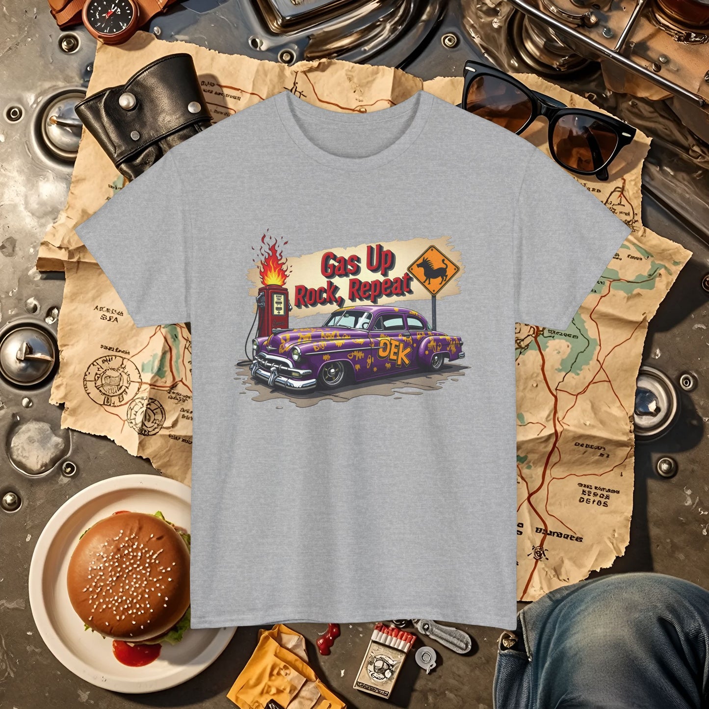 Gas Up, Rock and Repeat Road Trip & Vehicle Travel T-Shirts | Car, RV, and Motorcycle Adventure Tees