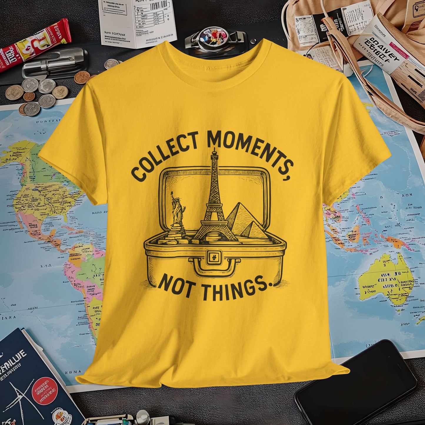 Collect Moments, Not Things T-Shirt – Inspirational Travel Quote Design Air Travel T-Shirts | Jetsetter, Airport, and International Flight Tees