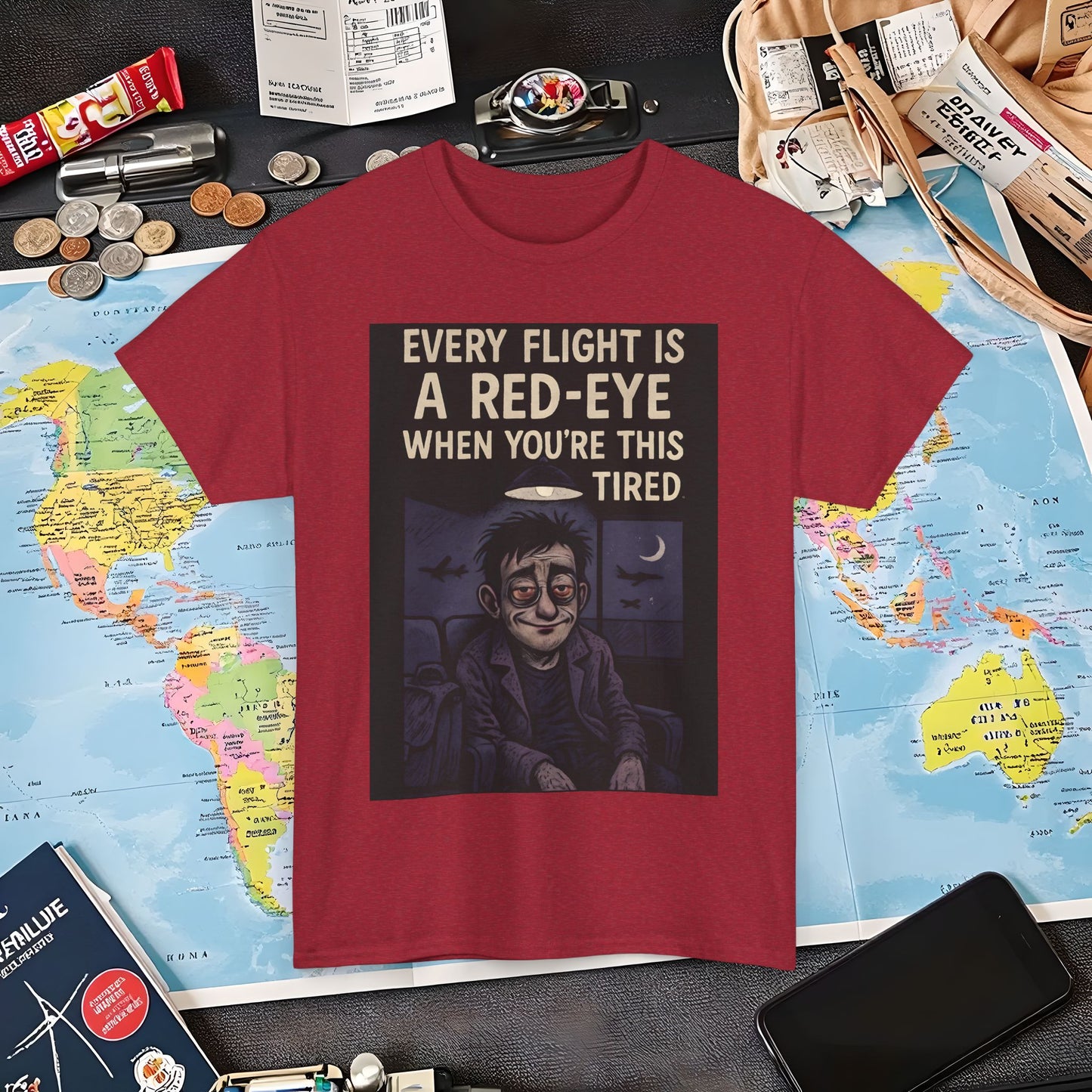 Every Flight Is a Red Eye Tee – Exhausted Traveler Comic Noir Shirt Air Travel T-Shirts | Jetsetter, Airport, and International Flight Tees