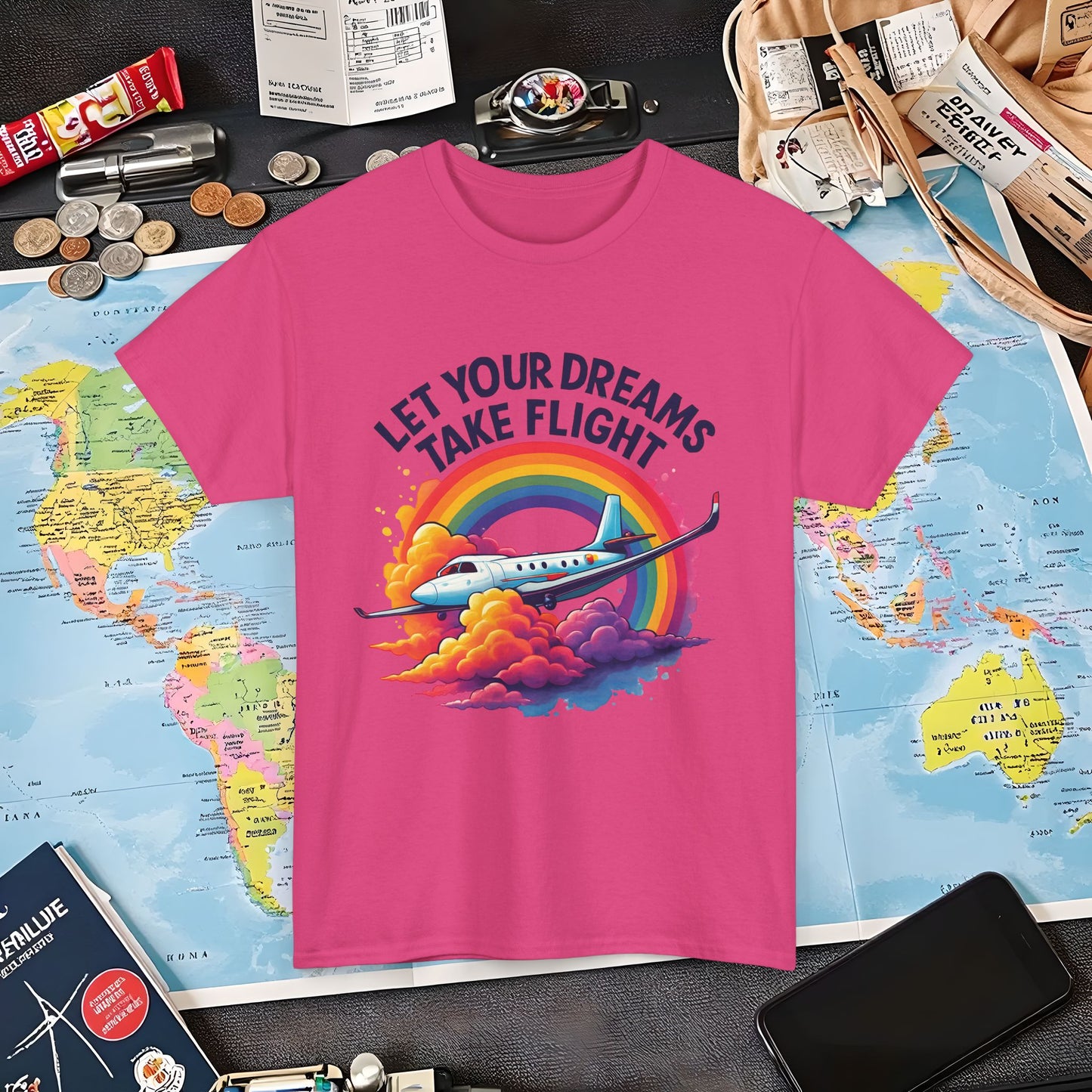 Let Your Dreams Take Flight T-Shirt – Airplane with Rainbow Trail Design Air Travel T-Shirts | Jetsetter, Airport, and International Flight Tees