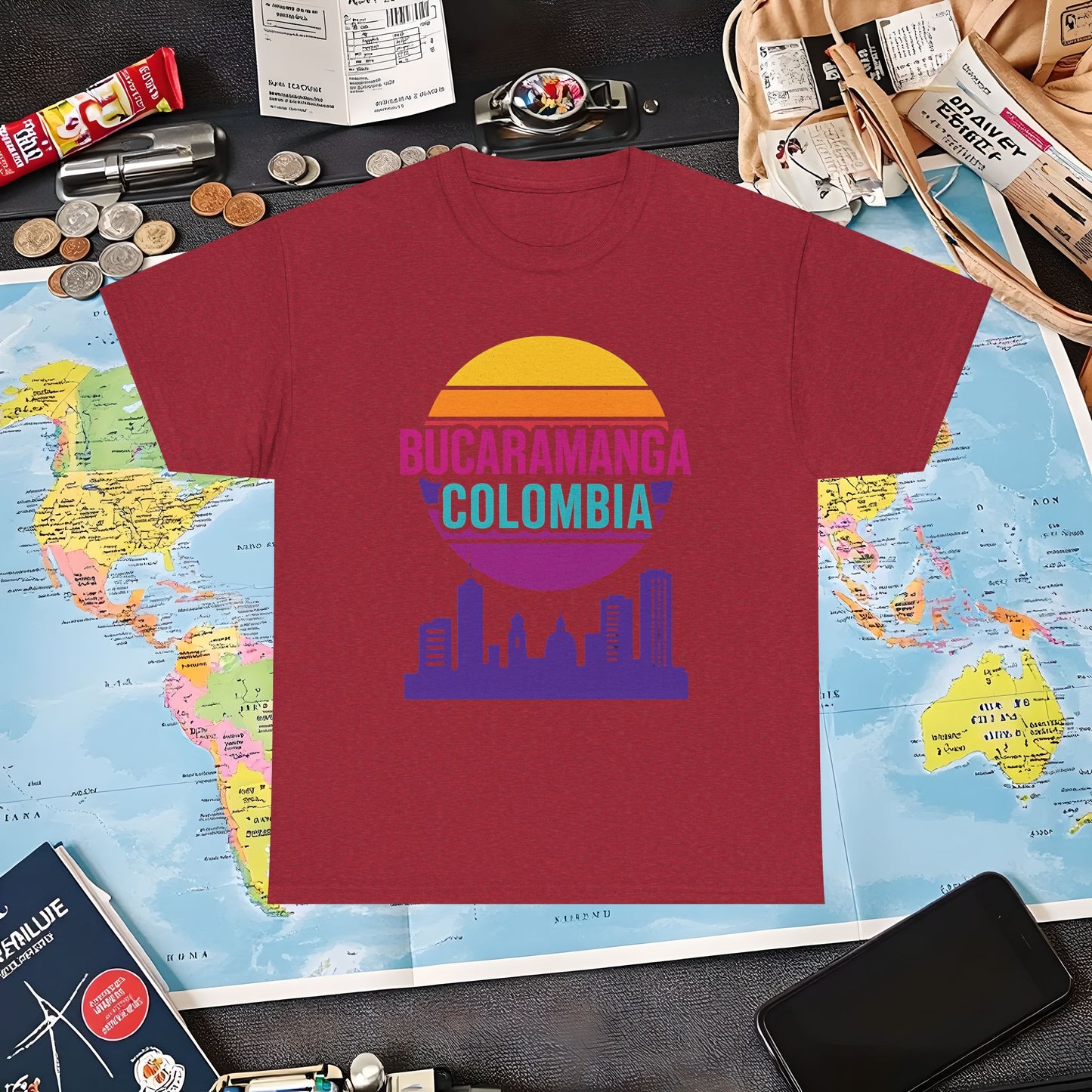 Retro Bucaramanga Skyline Sunset Tee – Vintage Colombia Travel Shirt| Layover Club Air Travel T-Shirts | Jetsetter, Airport, and International Flight Tees